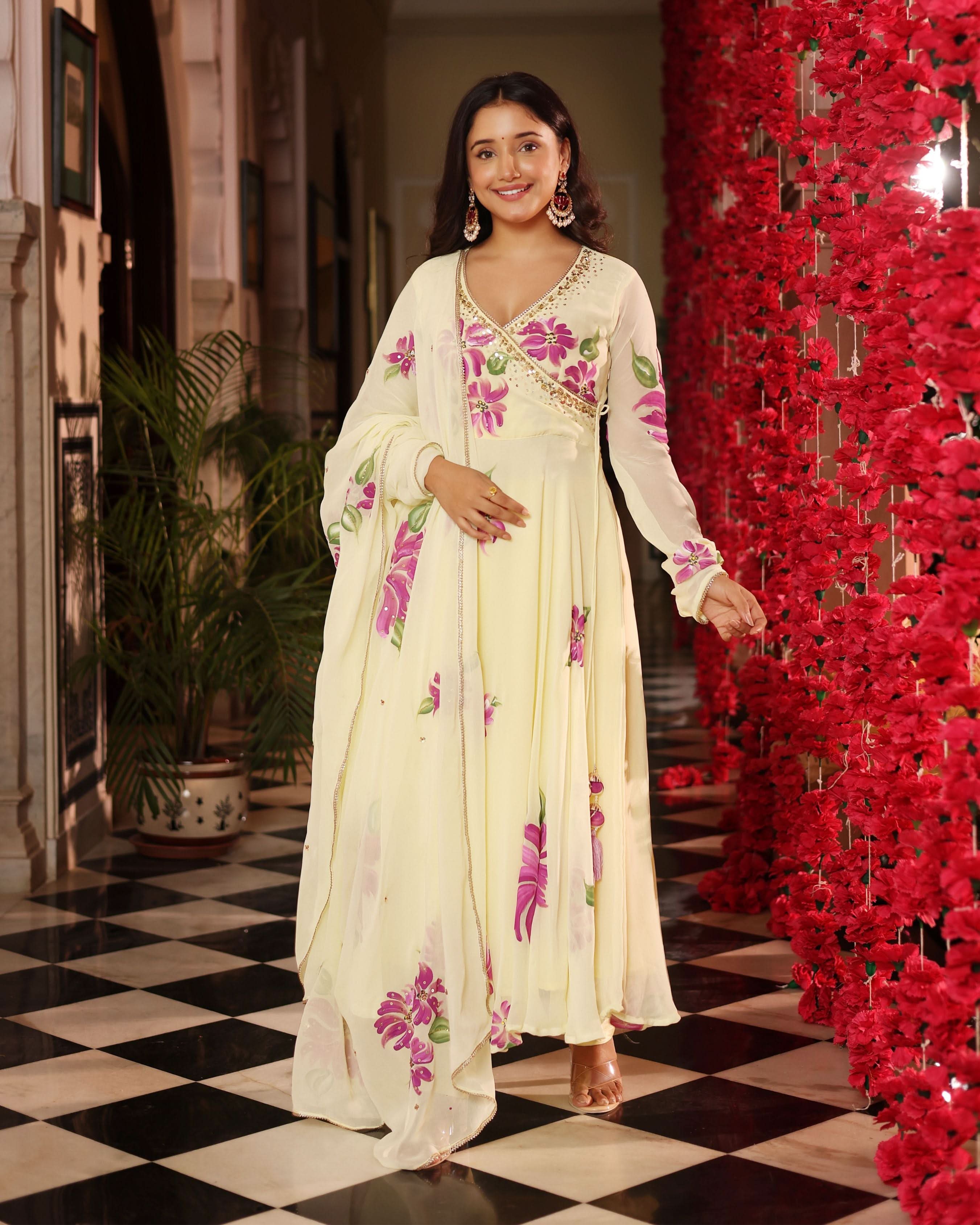 Floral Cream Dream Handpainted Georgette Suit Set - Image 7