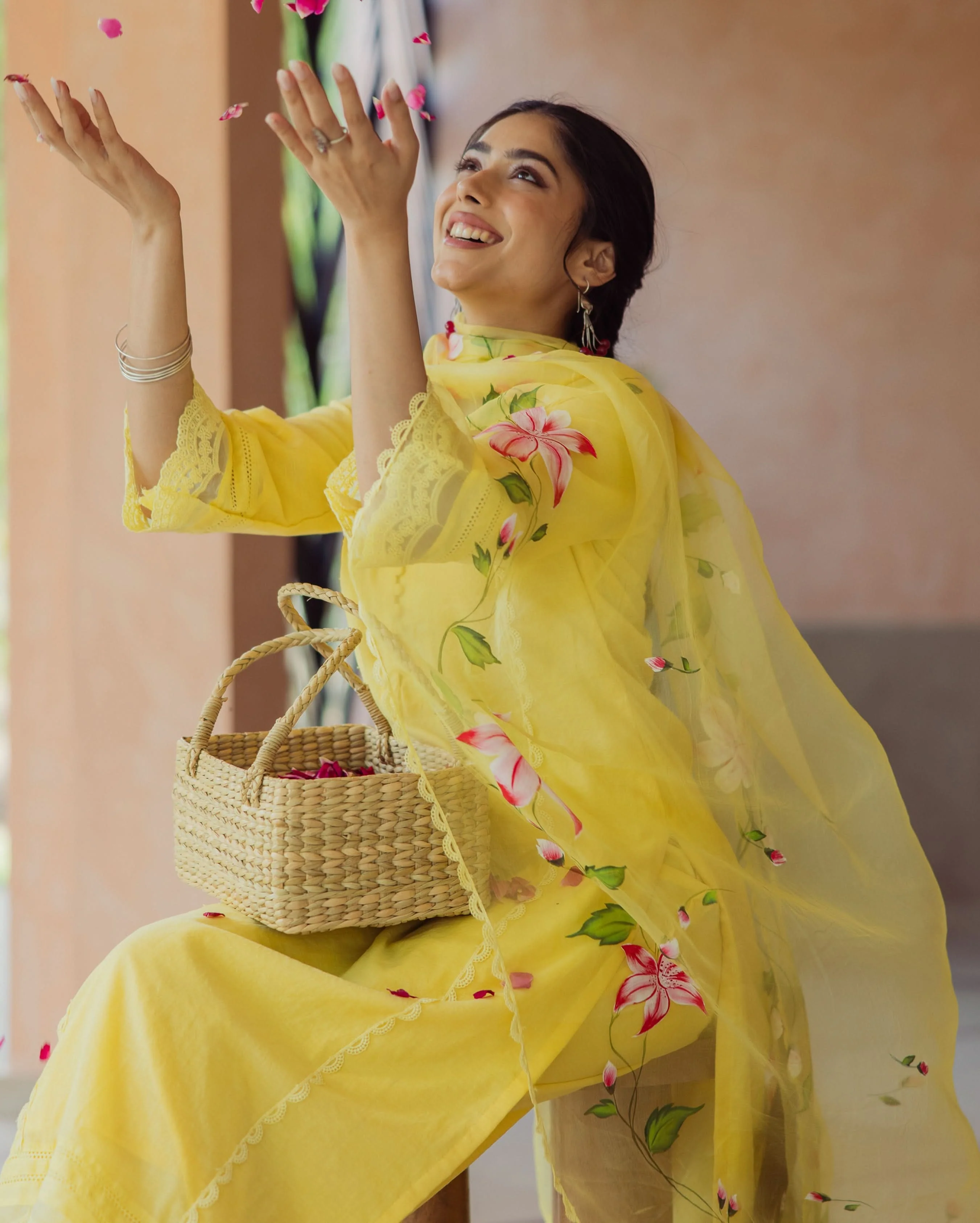 Garden Yellow Handpainted Chanderi Suit Set - Image 6