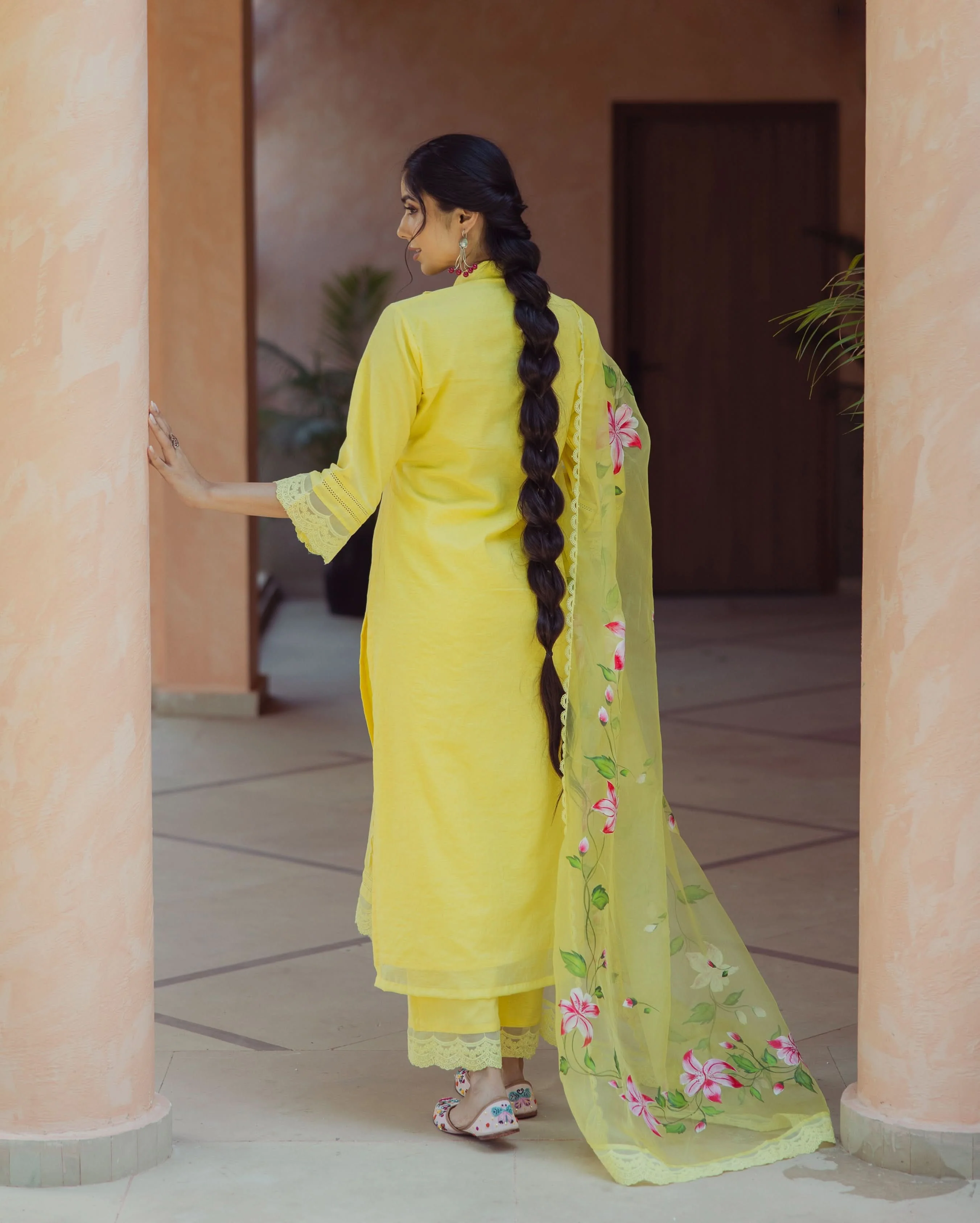 Garden Yellow Handpainted Chanderi Suit Set - Image 9