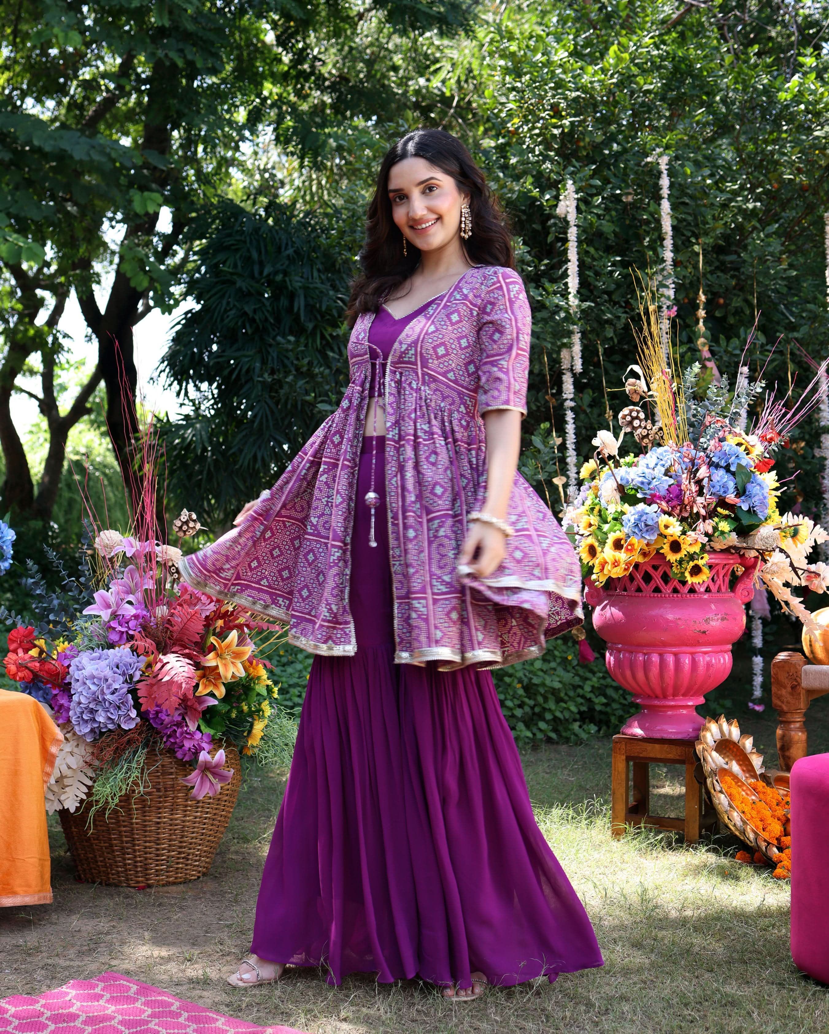 Geometric Purple Elegance Printed Satin Sharara Set - Image 10