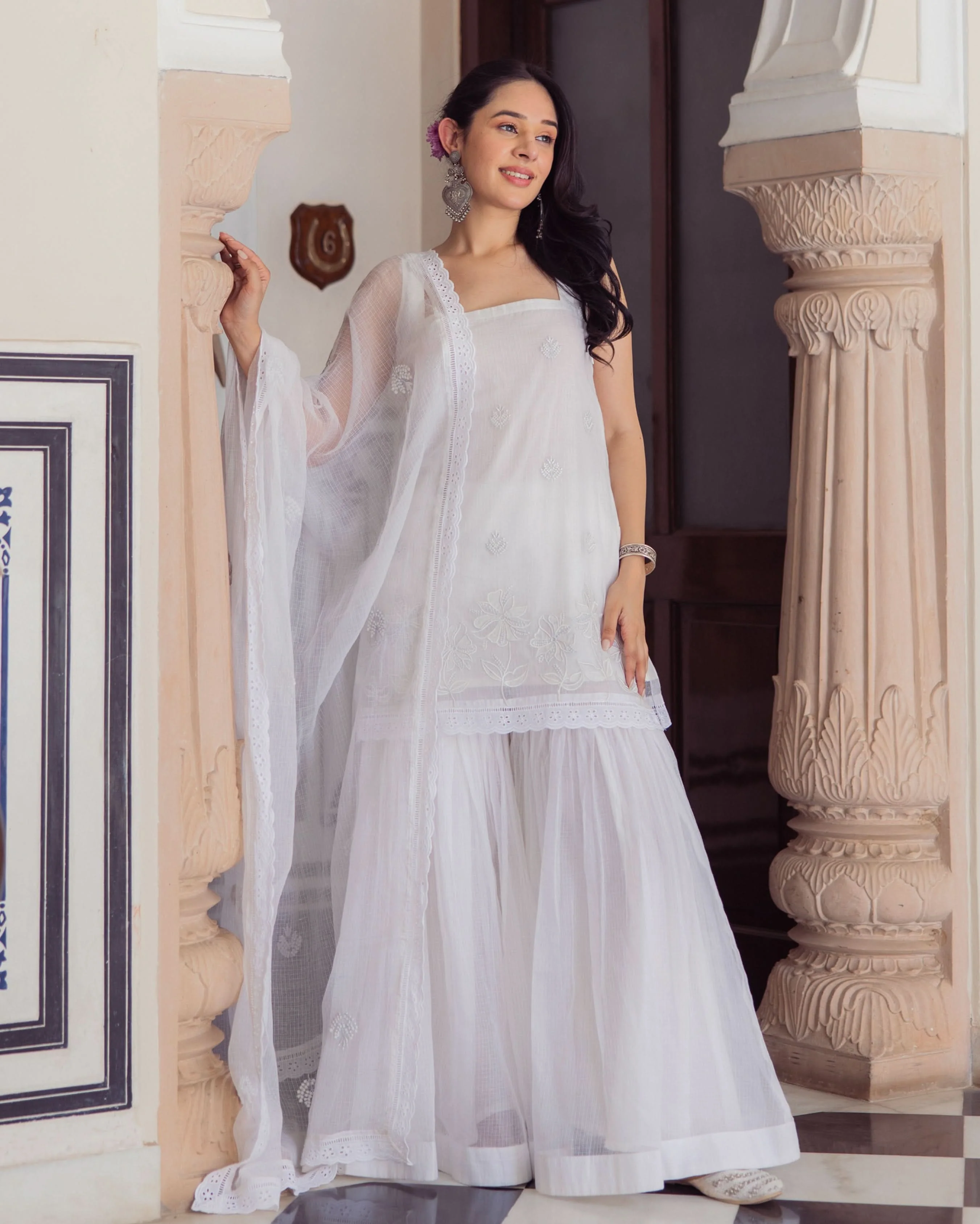 Gleaming White Embroidered Doria Sharara Set - Image 2