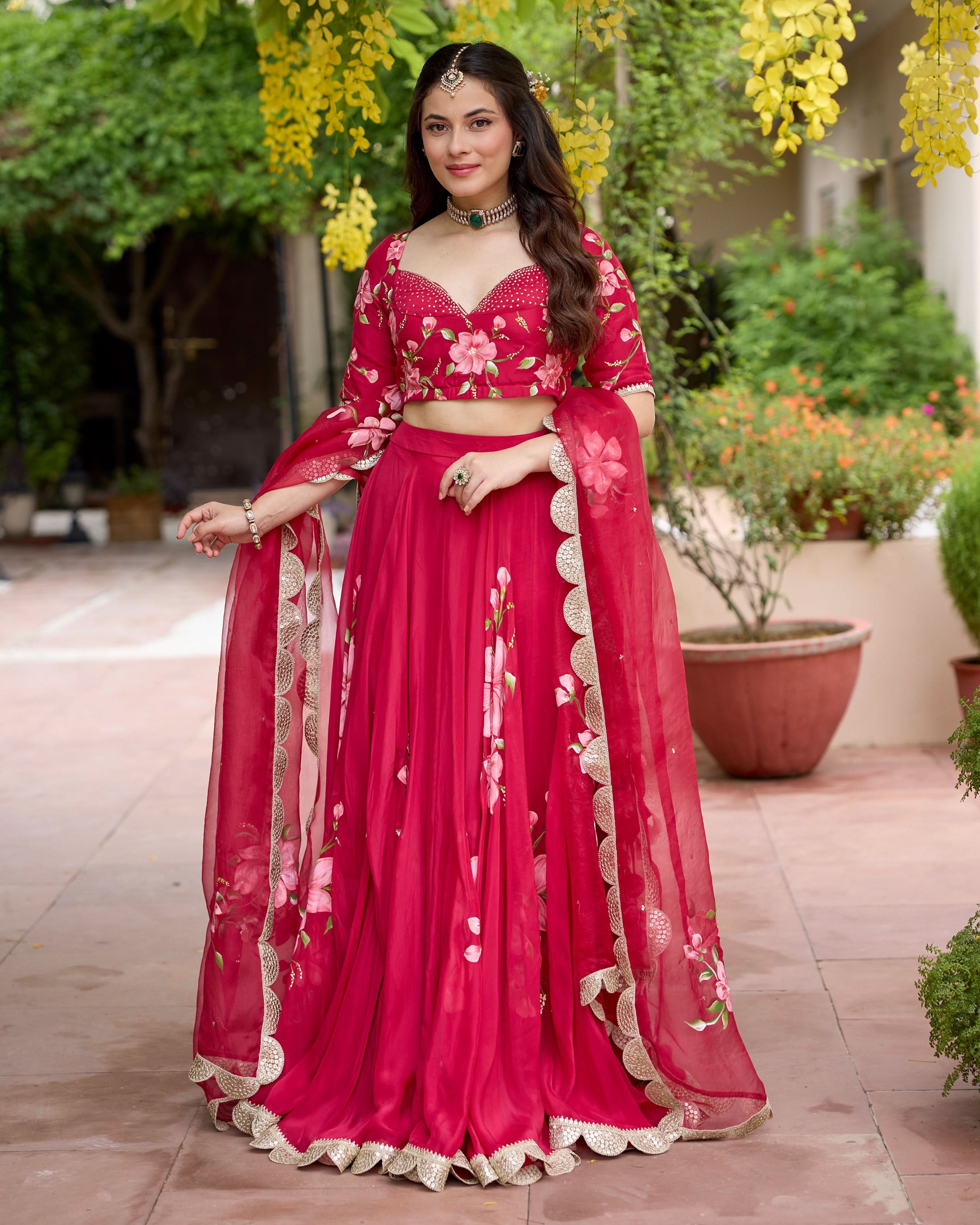Gudhal Red Handpainted Crepe Lehenga Set - Image 3