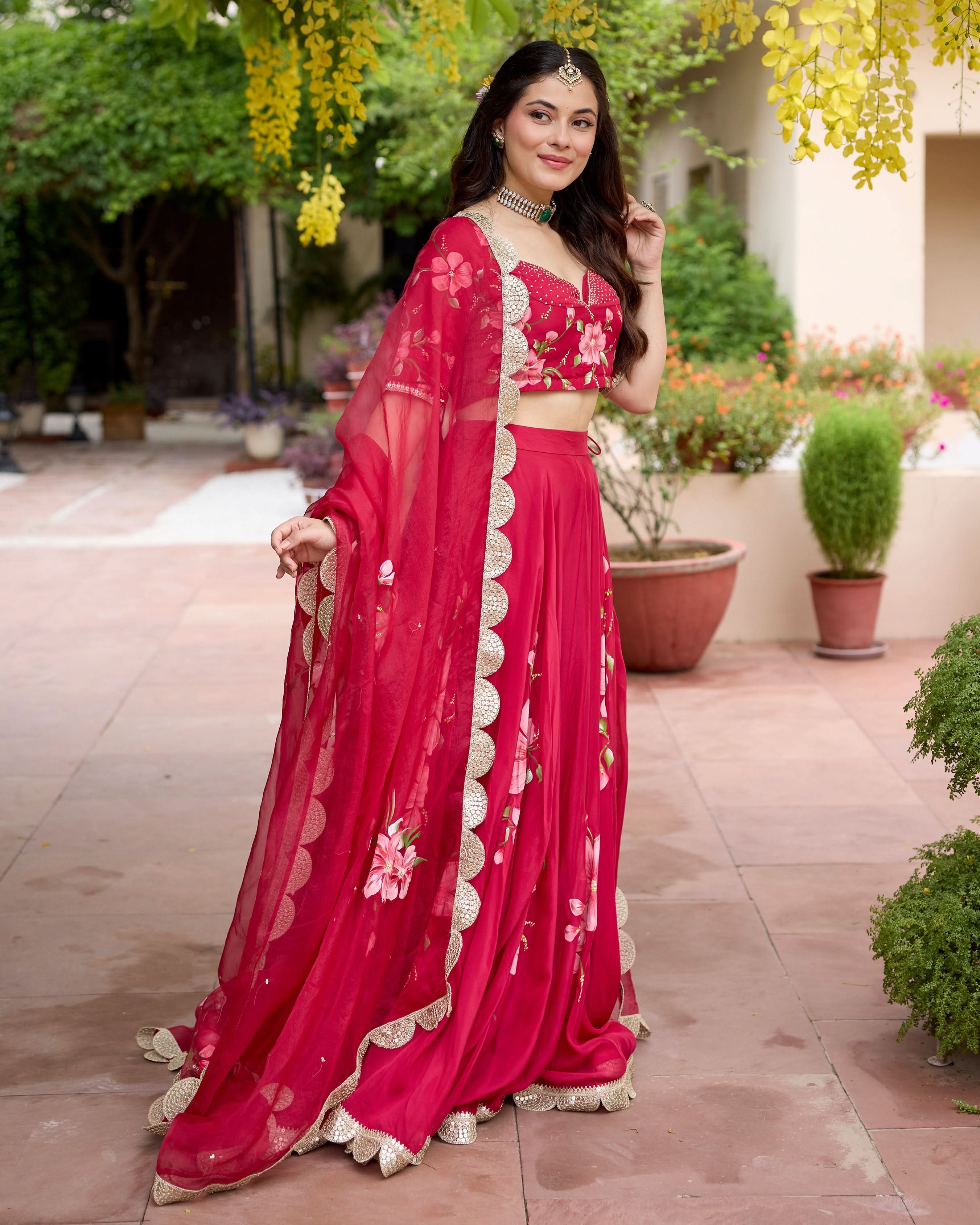 Gudhal Red Handpainted Crepe Lehenga Set - Image 5