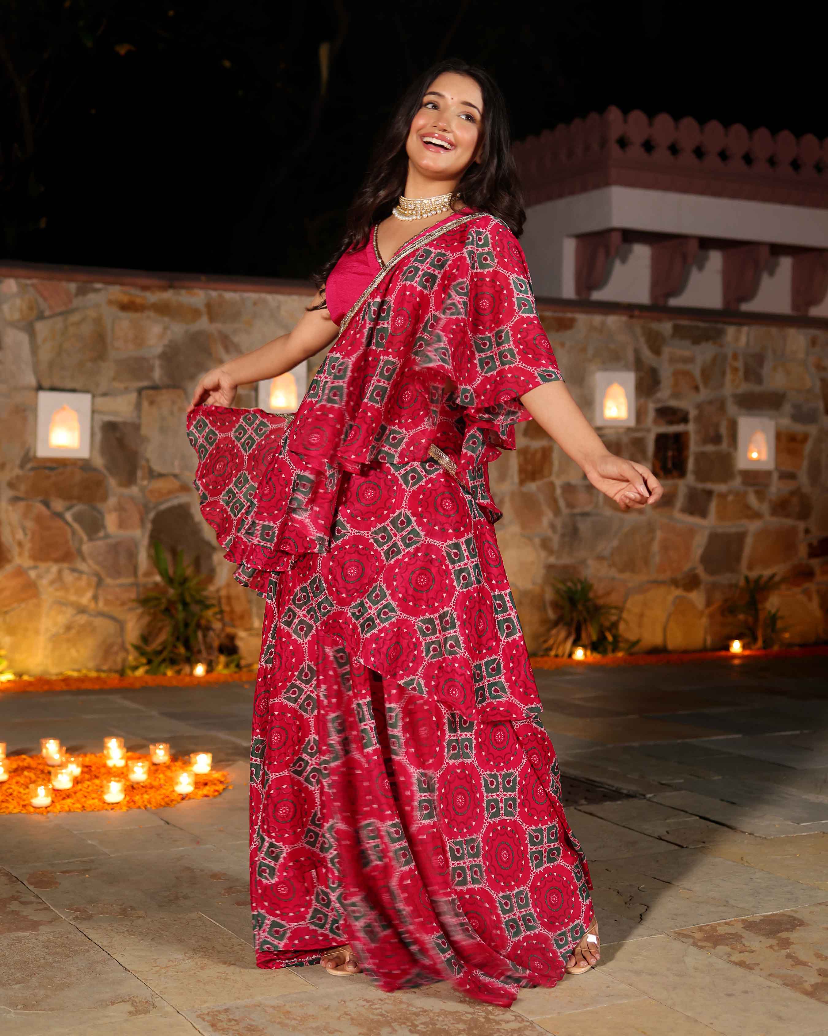 Hareeta Pink Printed Chinon Pre Draped Saree - Image 2