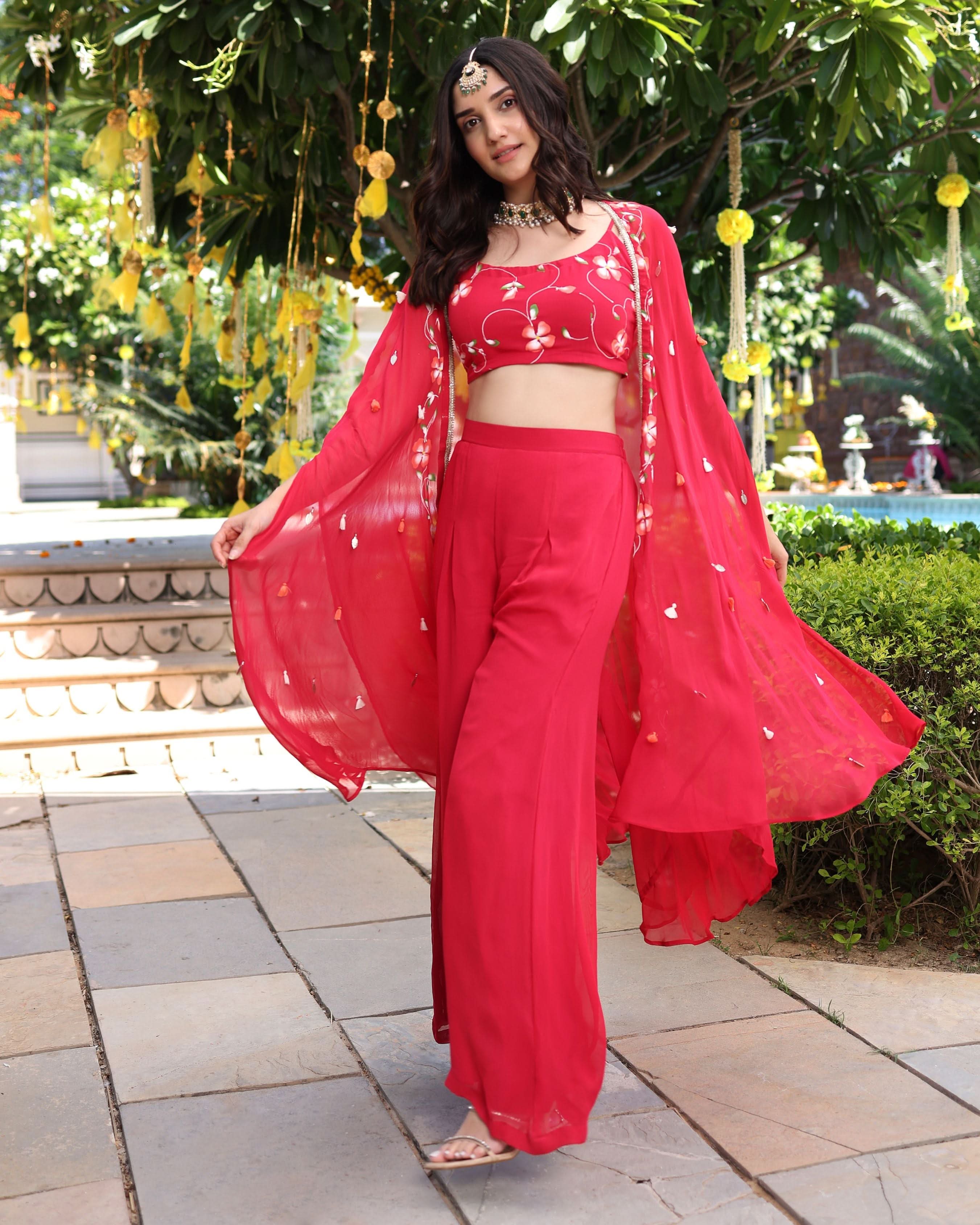 Hareeta Red Handpainted Georgette Coord Set - Image 2
