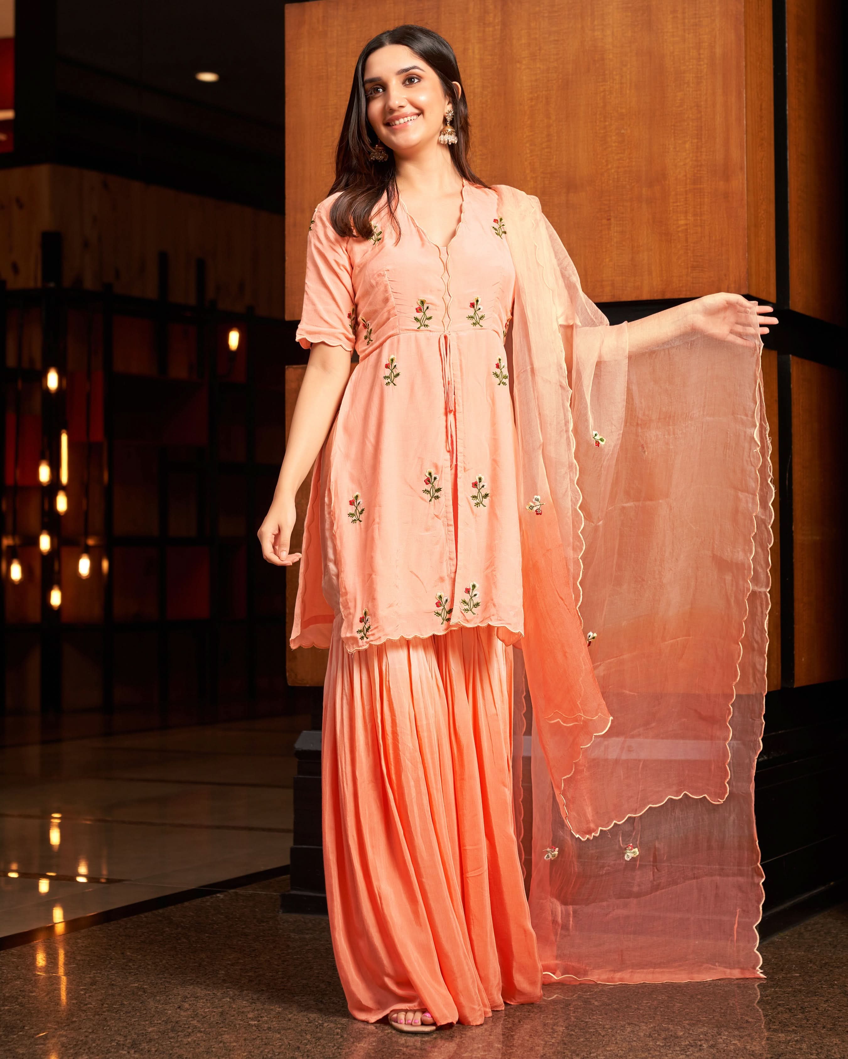 Heather Peach Embroidered Muslin Silk Sharara Set - Image 2
