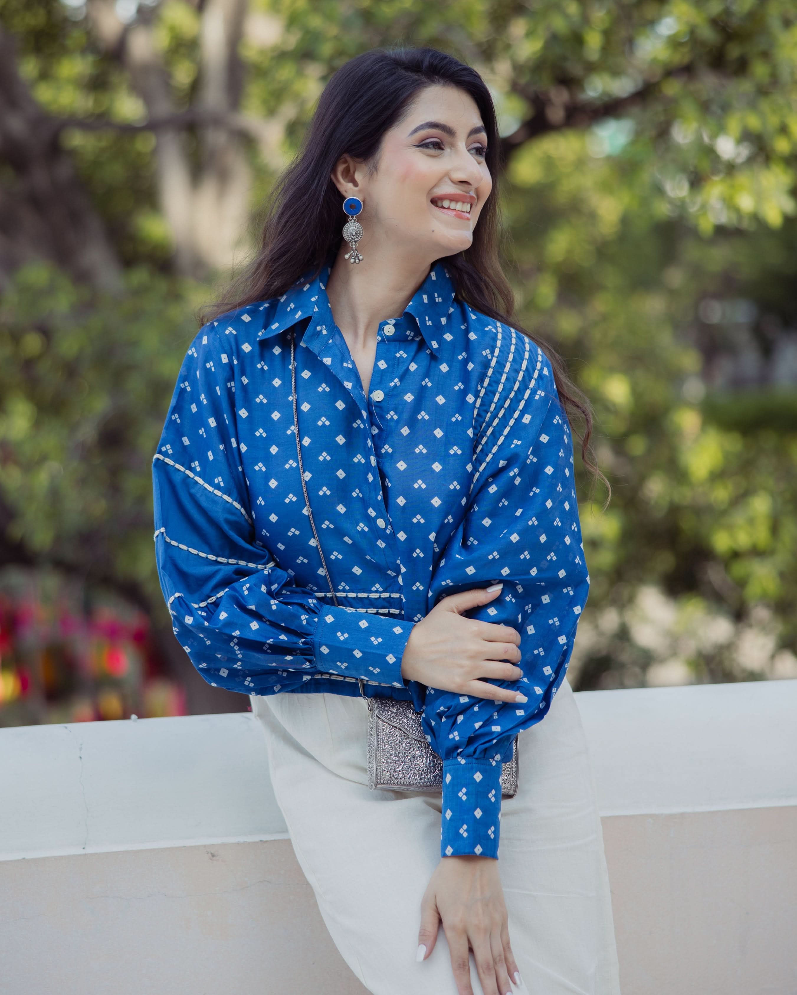 Heer Blue Bandhani Chanderi Shirt - Image 3