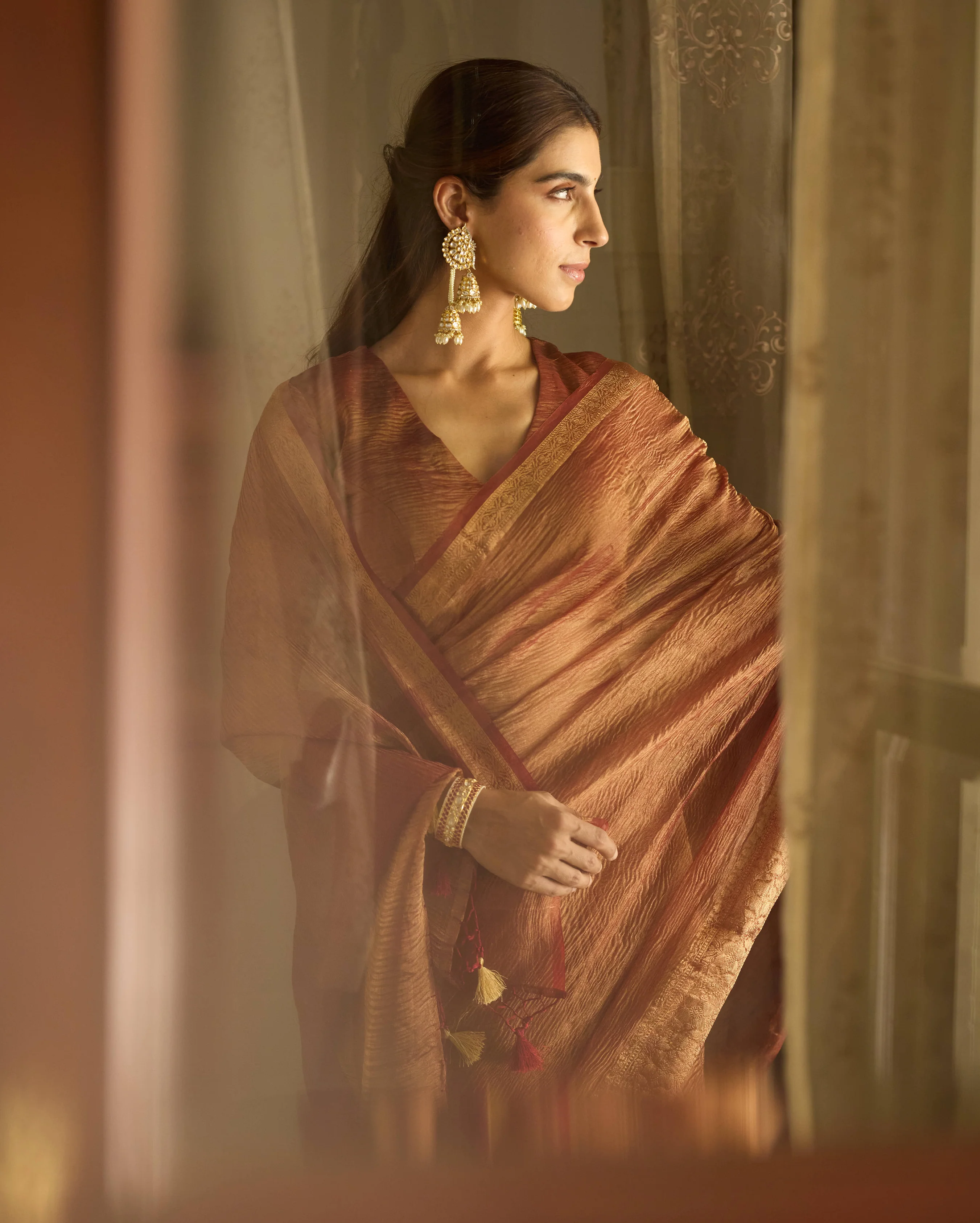 Hima Brown Solid Crushed Tissue Saree - Image 6