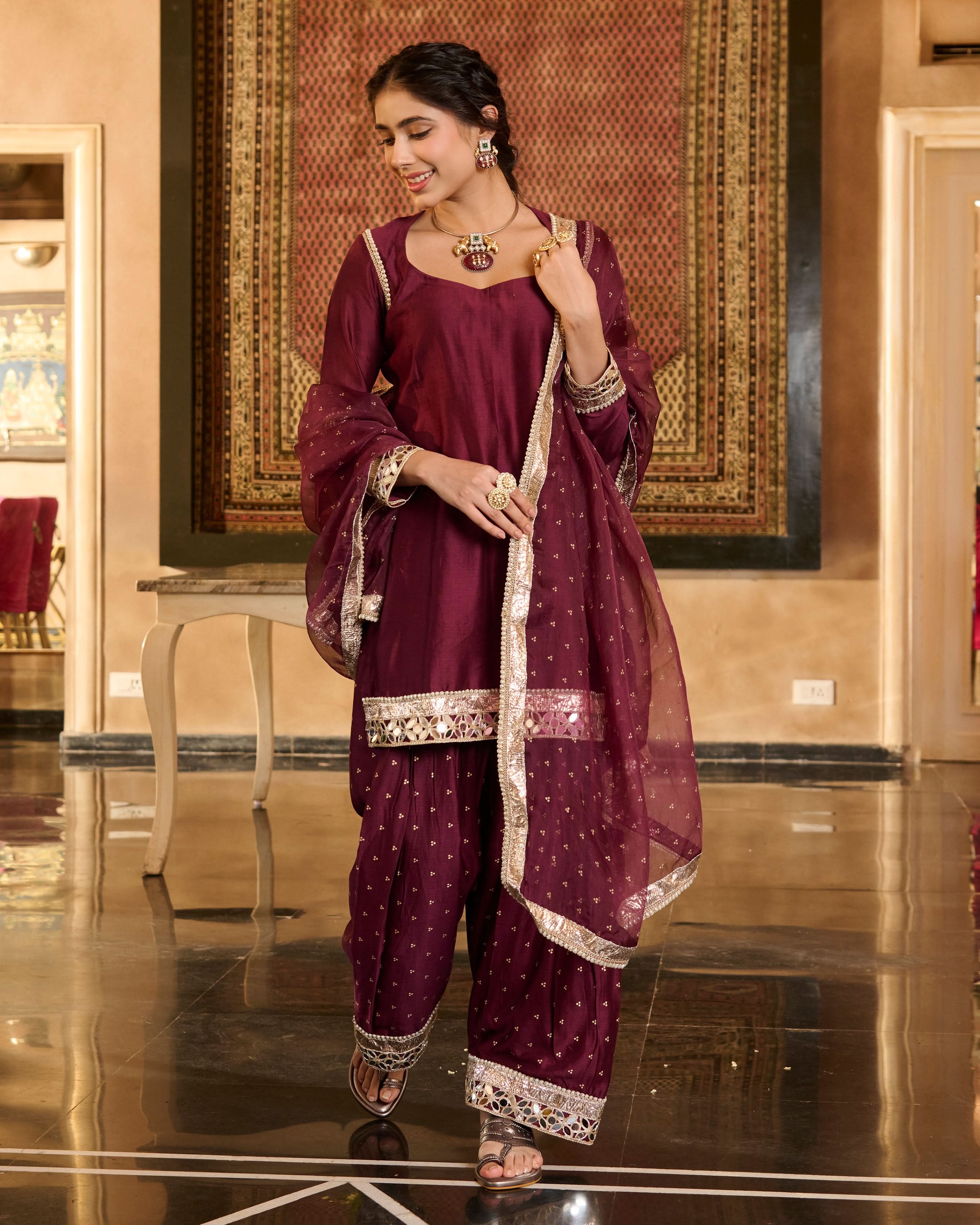Ira Plum Solid Chanderi Farsi Salwar Set - Image 4