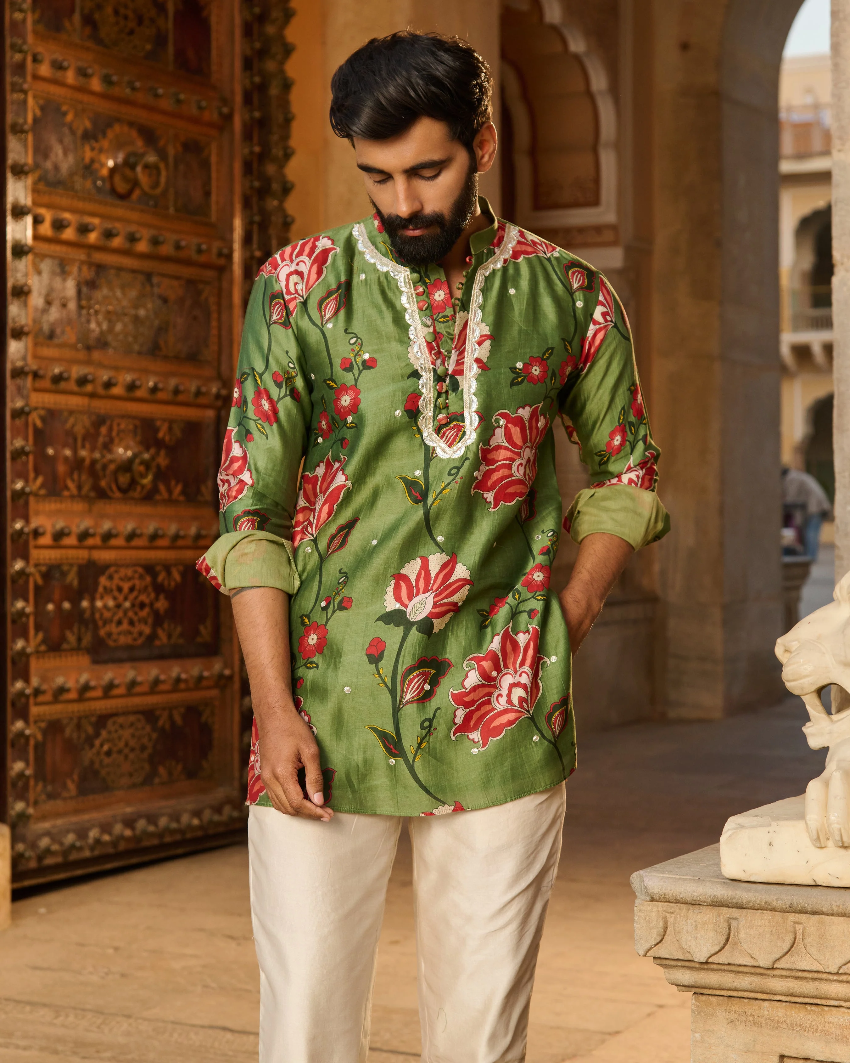 Ishaan Olive Printed Chanderi Kurta - Image 5