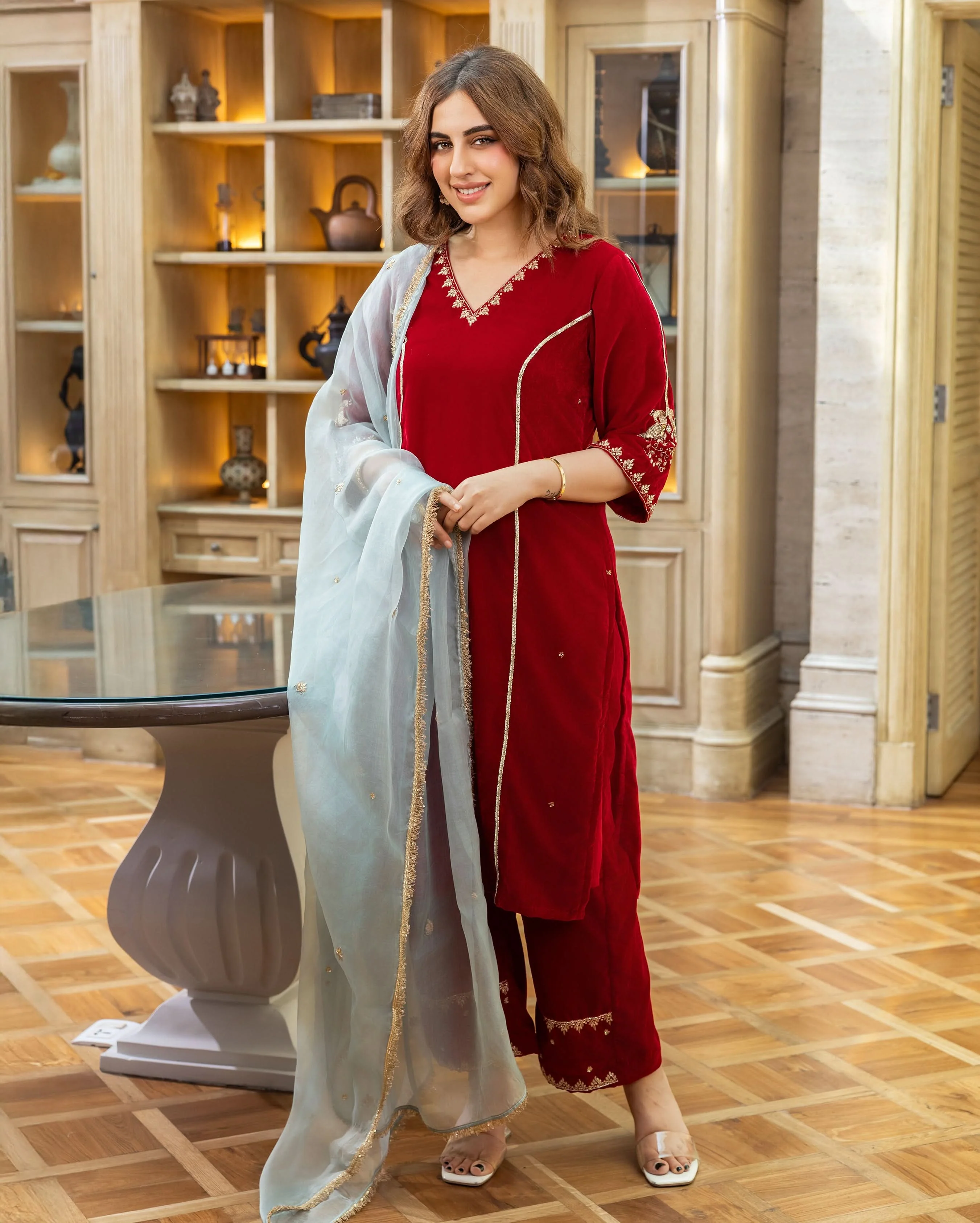 Jasper Red Embroidered Velvet Suit Set - Image 2