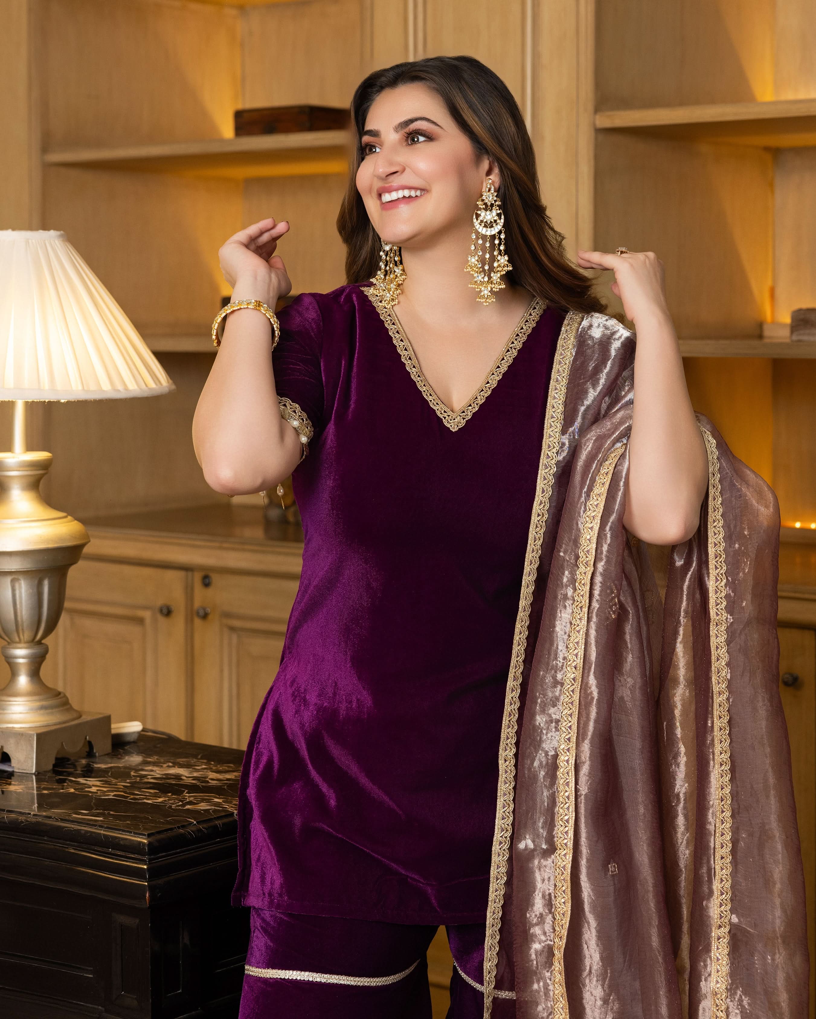 Jawahar Purple Solid Velvet Sharara Set - Image 2
