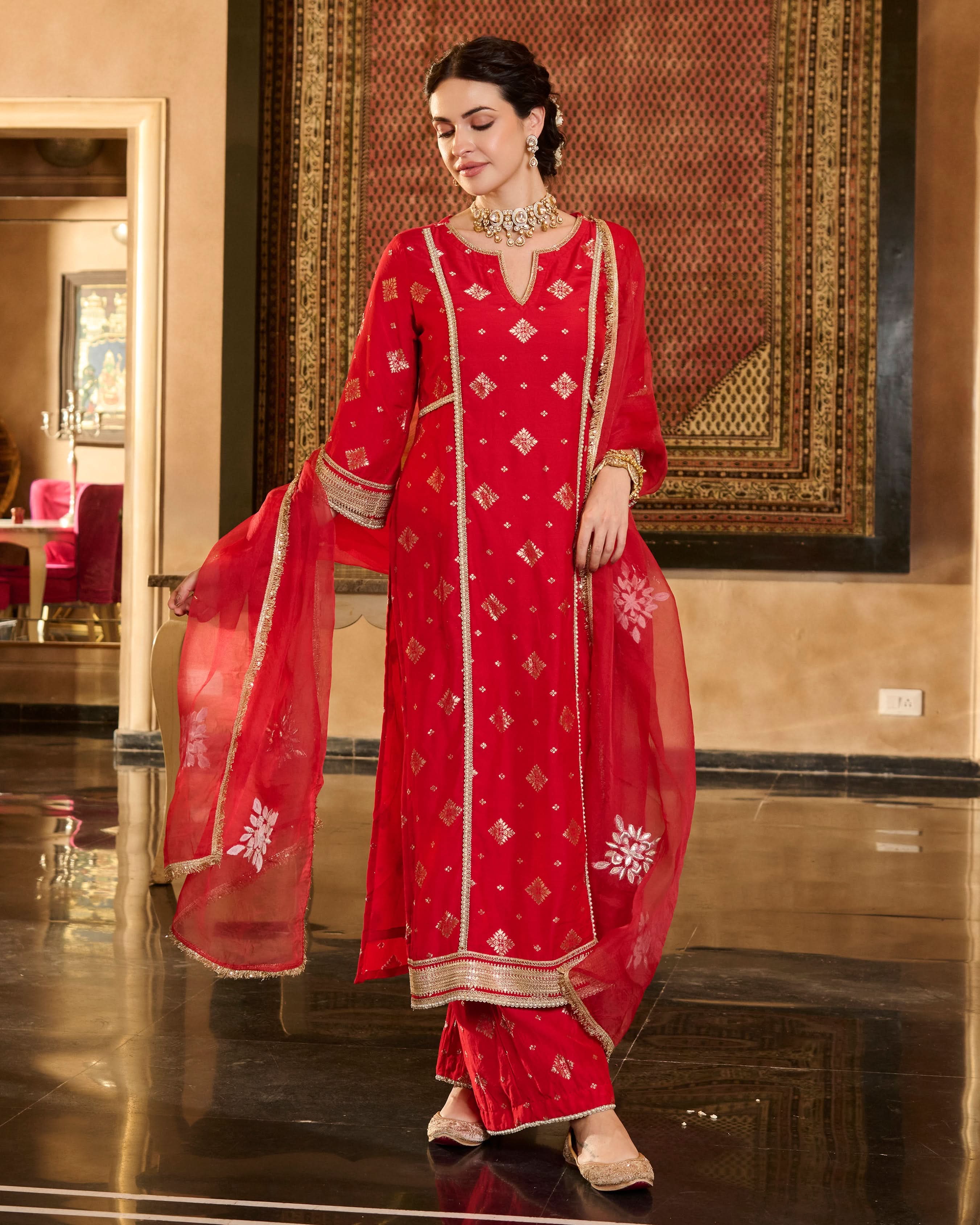 Jini Red Jacquard Suit Set - Image 7
