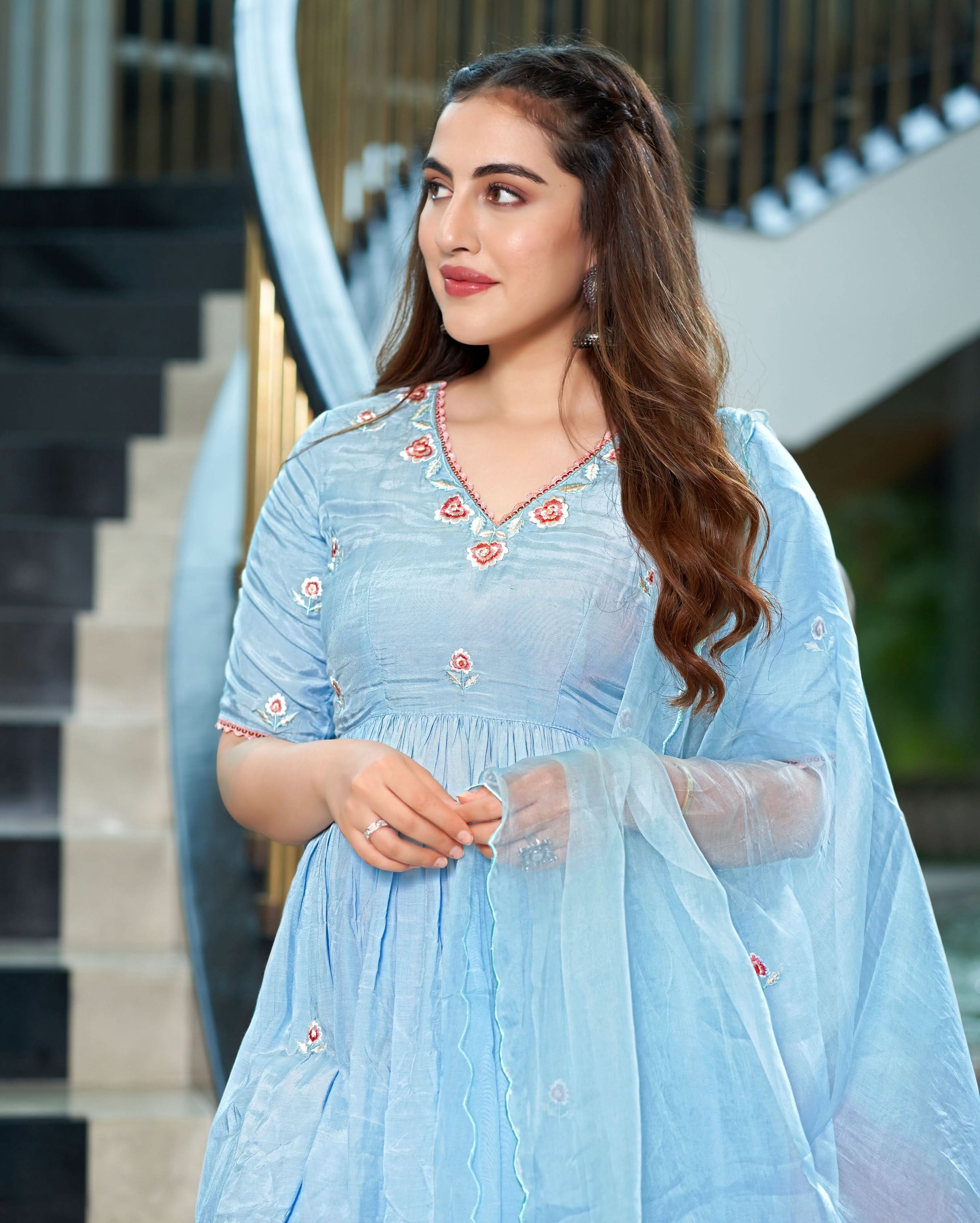 Kaari Pastel Blue Embroidered Muslin Silk Sharara Set - Image 4