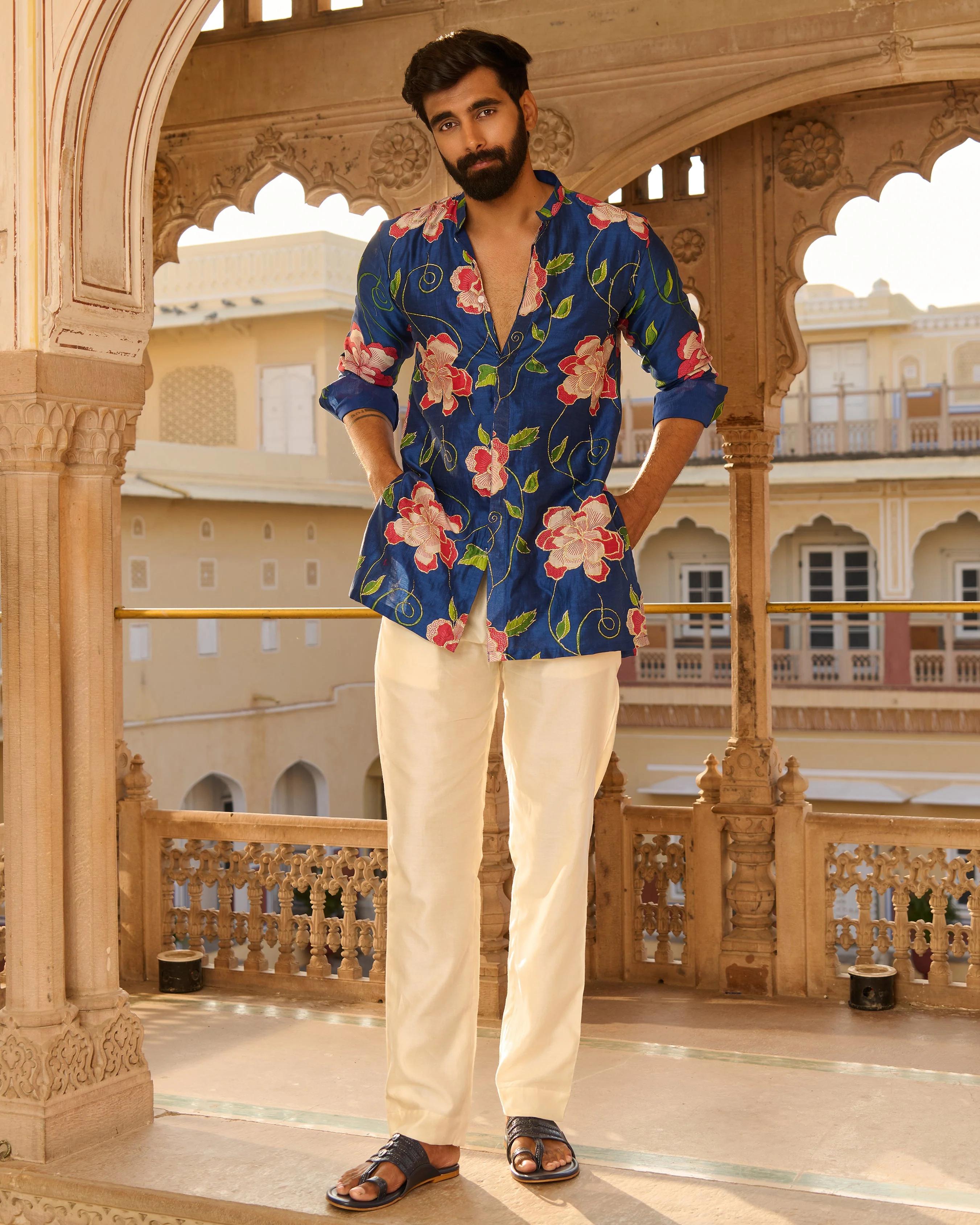 Kabir Blue Printed Chanderi Kurta - Image 6