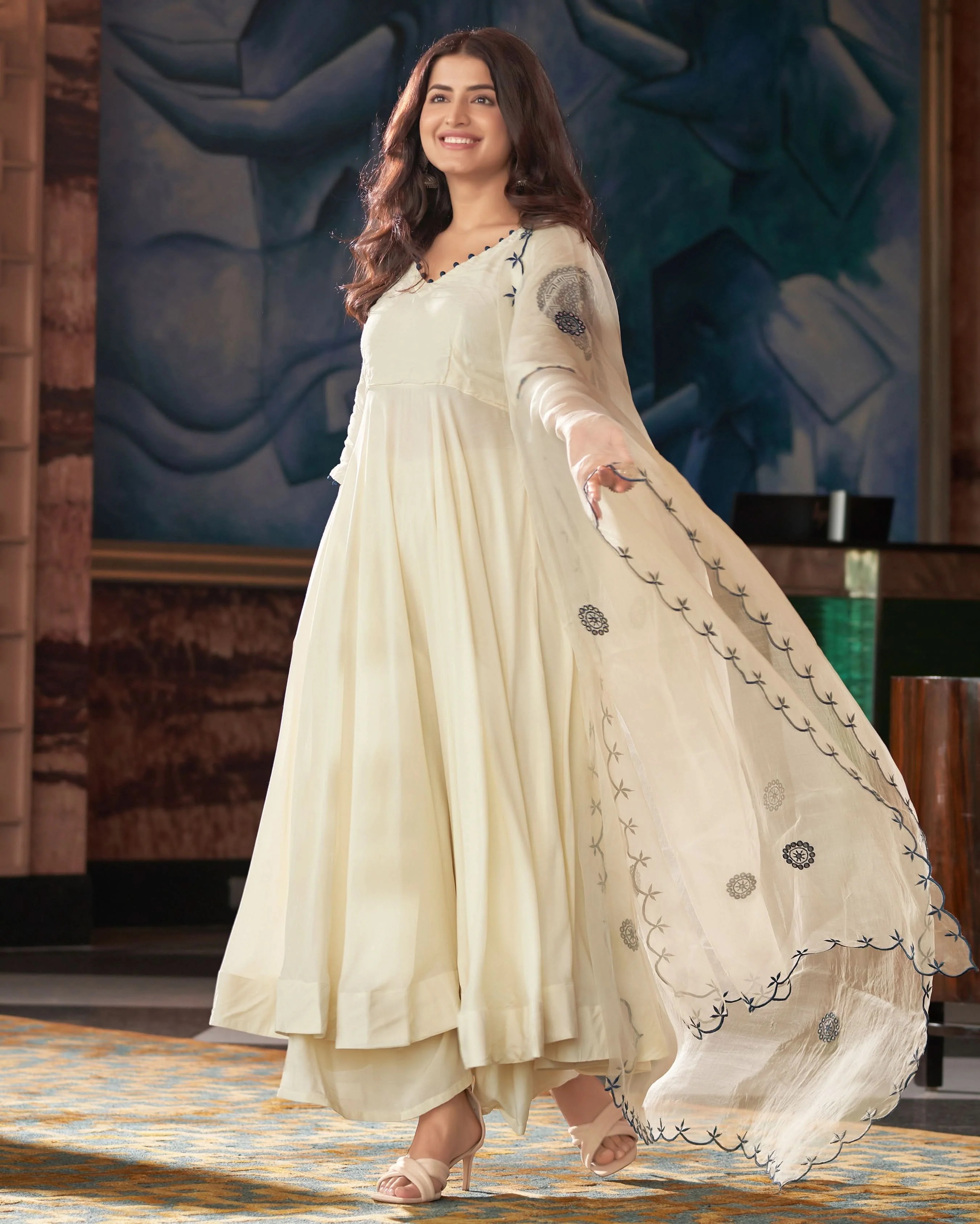 Kalakriti Blue Cream Embroidered Muslin Silk Suit Set - Image 2