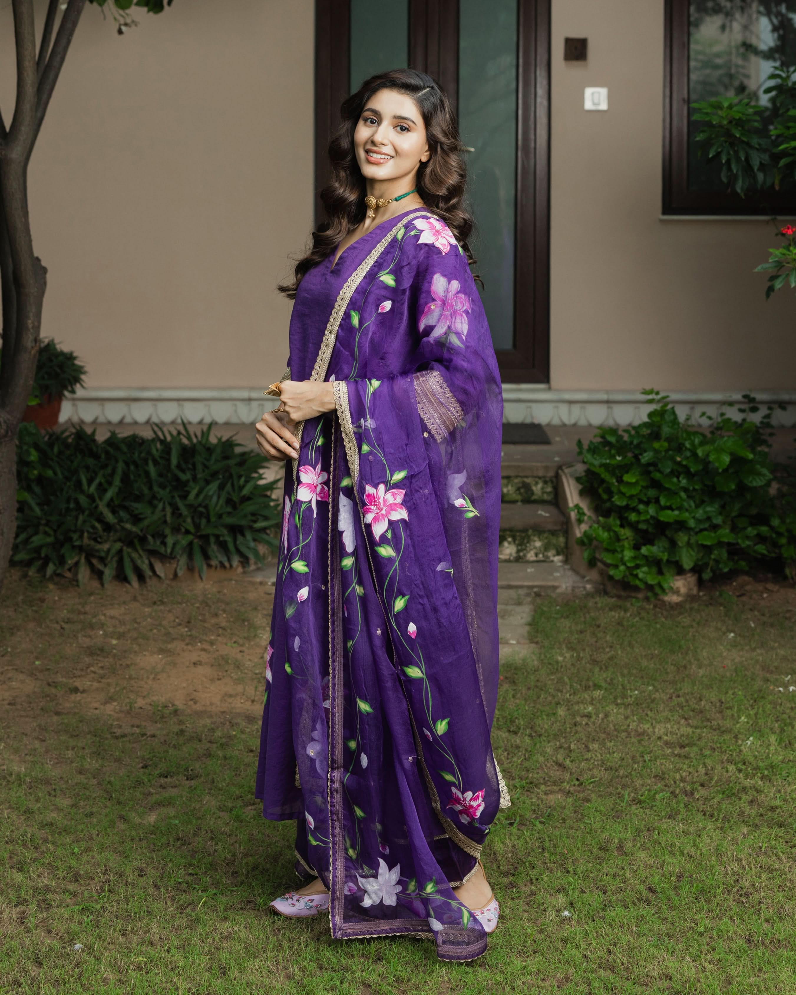 Kanchan Purple Handpainted Chanderi Suit Set - Image 4