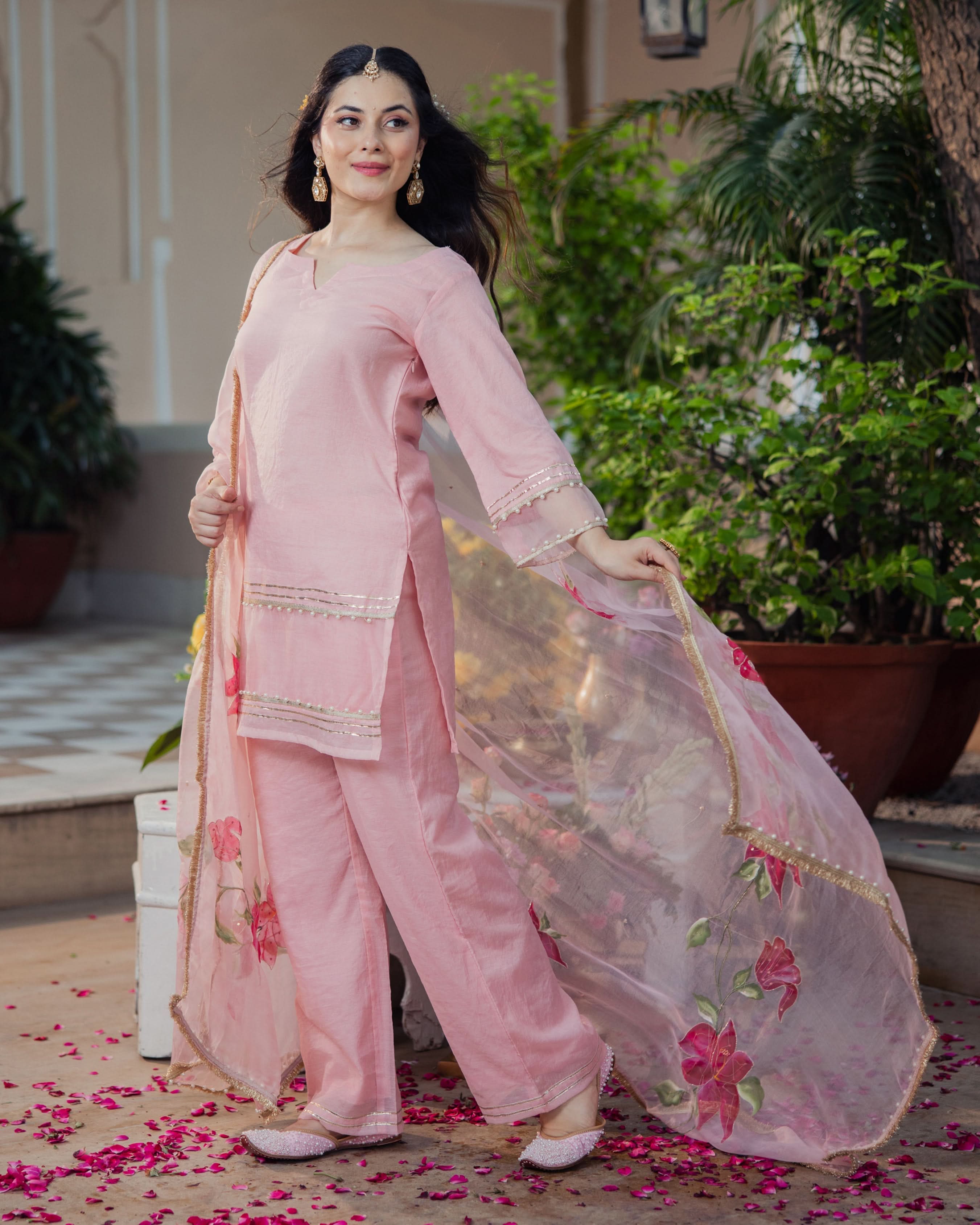 Kaner Pink Handpainted Chanderi Suit Set - Image 2