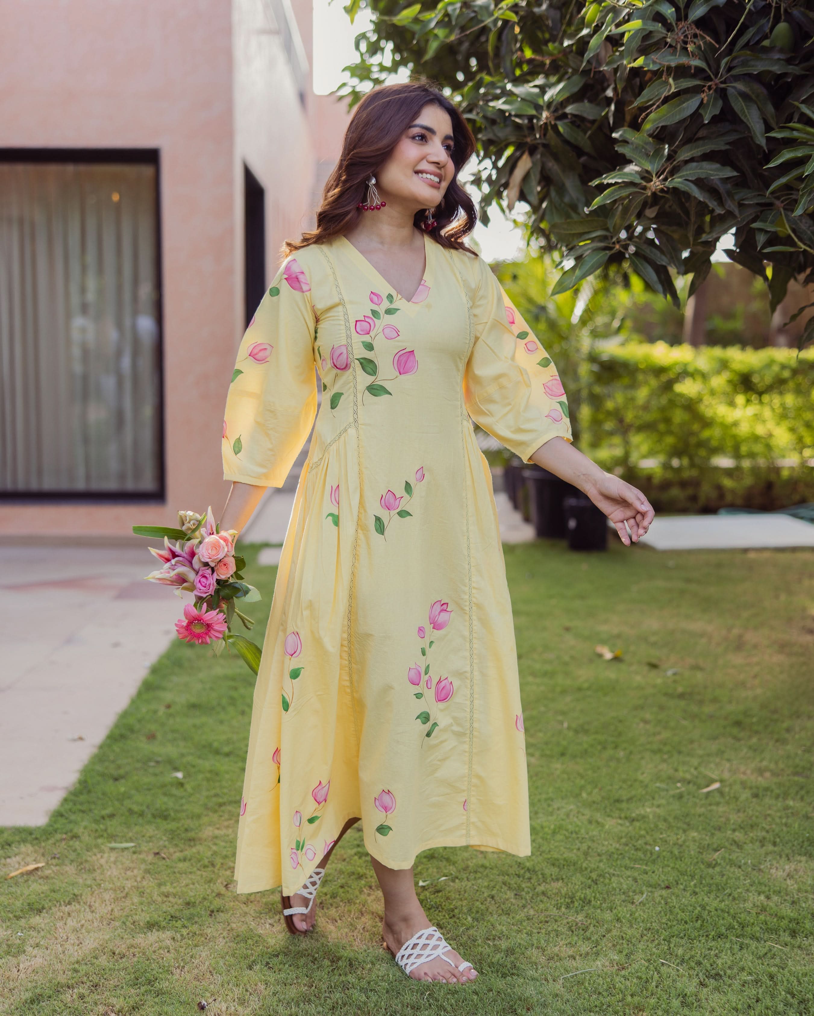 Kara Bloom Yellow Handpainted Cotton Dress - Image 3