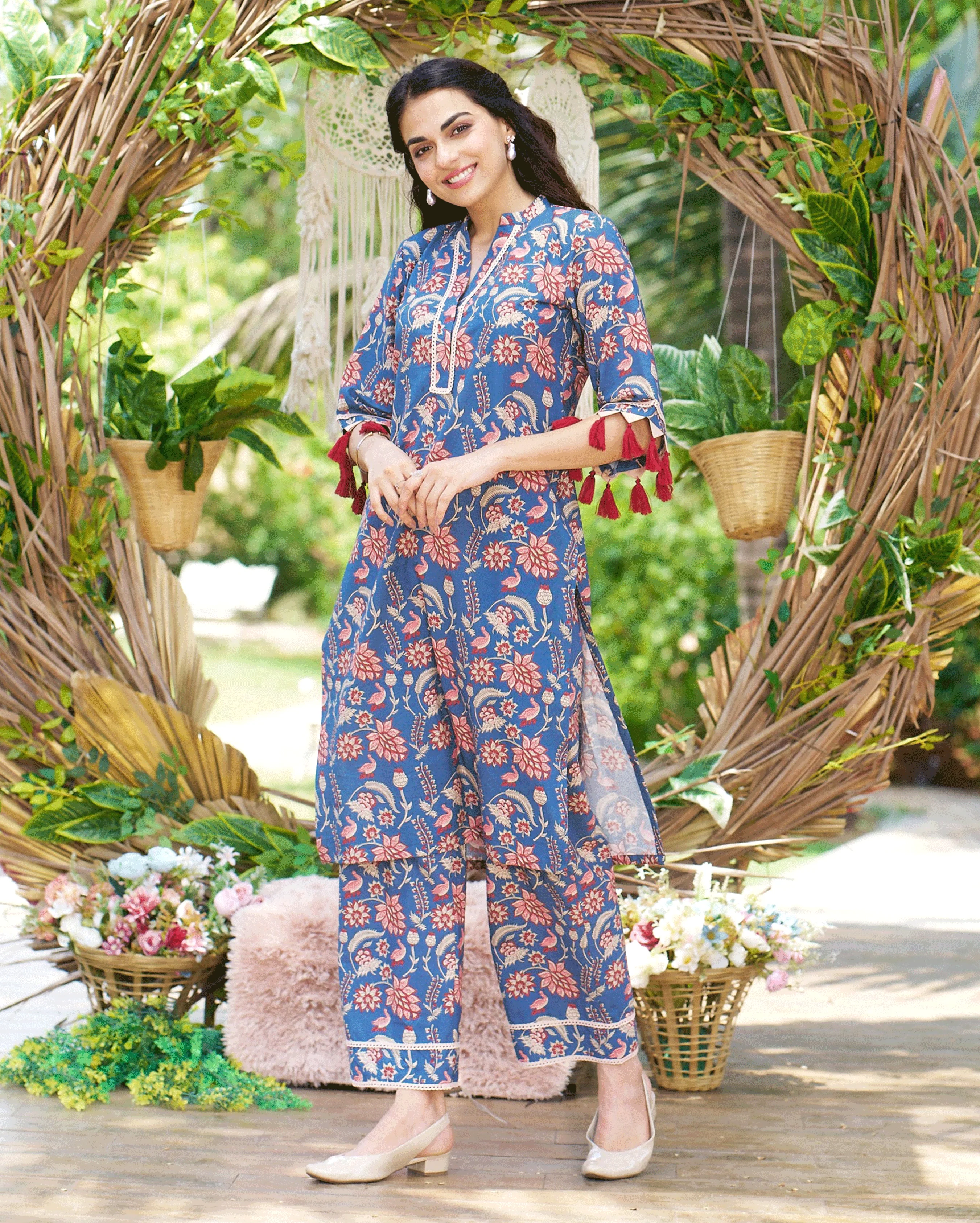 Kayra Blue Printed Cotton Kurta Set - Image 3