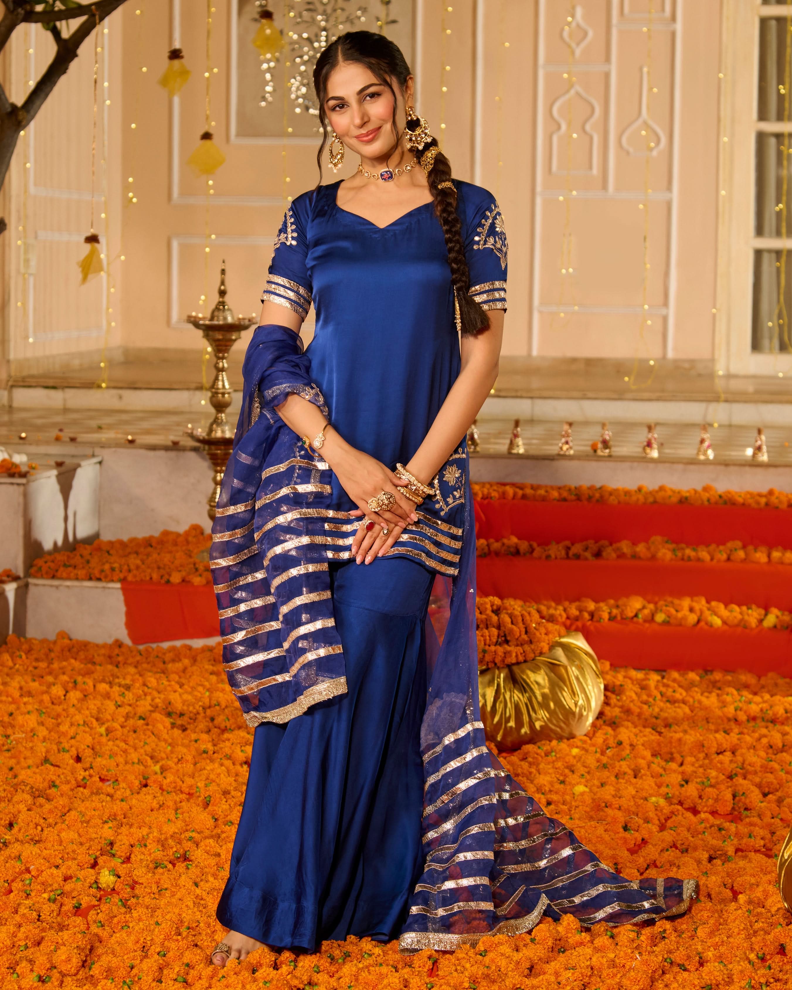 Keerti Blue Solid Satin Sharara Set - Image 2