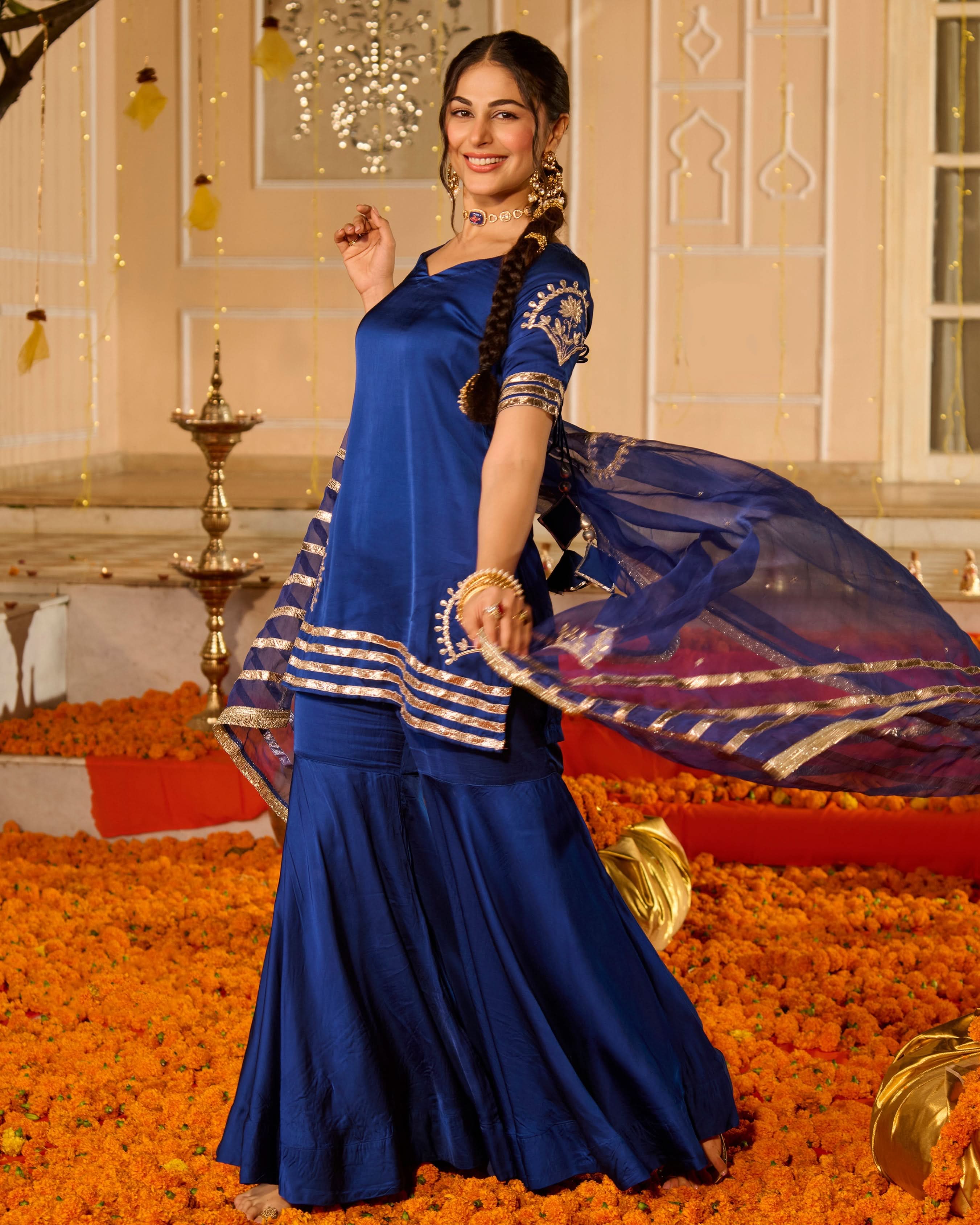 Keerti Blue Solid Satin Sharara Set - Image 3