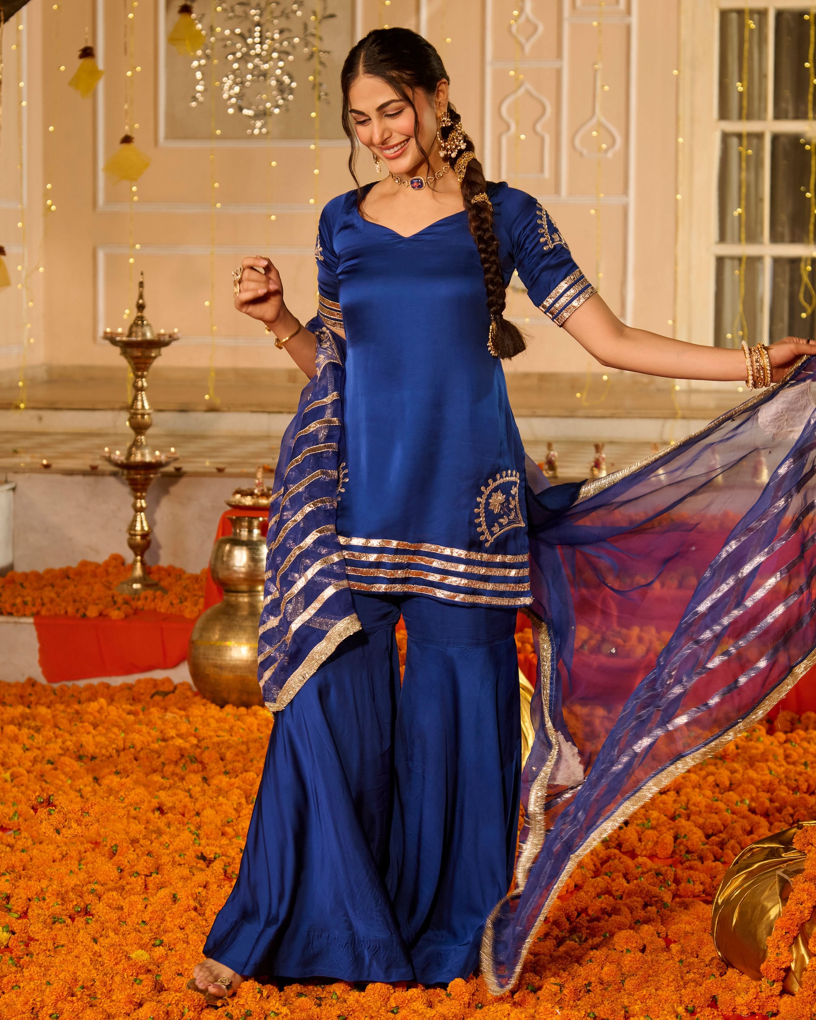 Keerti Blue Solid Satin Sharara Set - Image 4