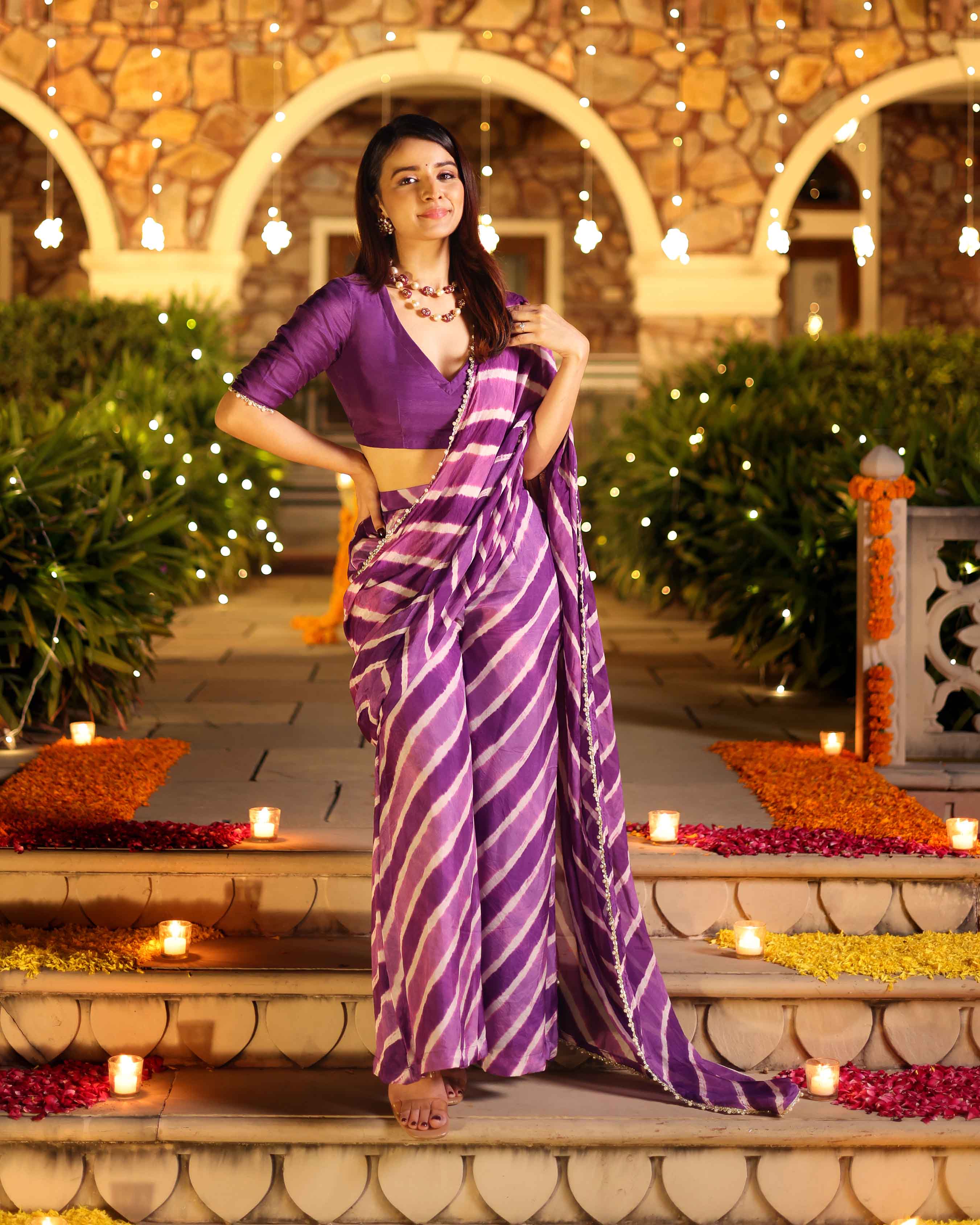 Kimaya Purple Leheriya Silk Pre Draped Saree - Image 6