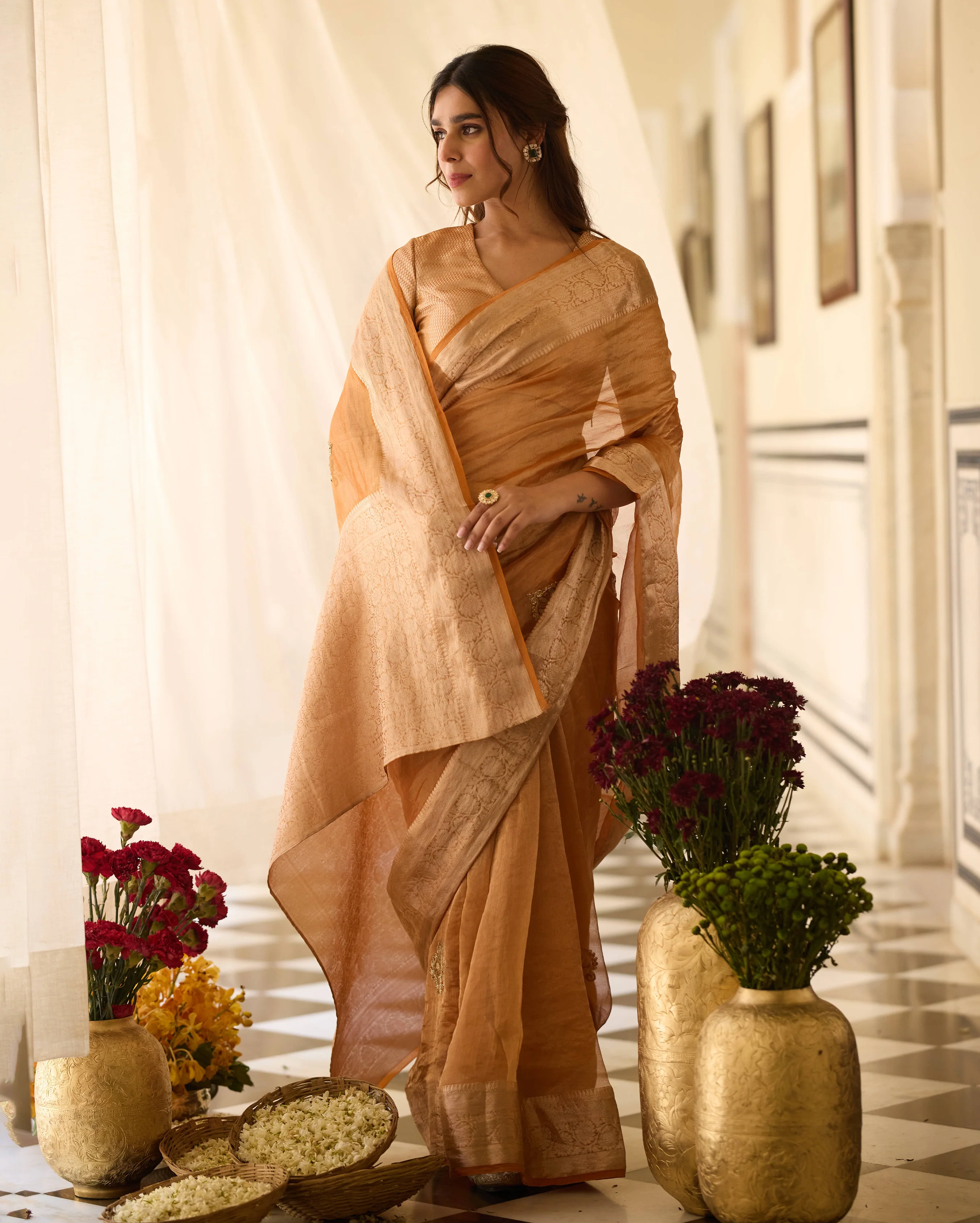 Kiranika Orange Handcrafted Tissue Saree - Image 2