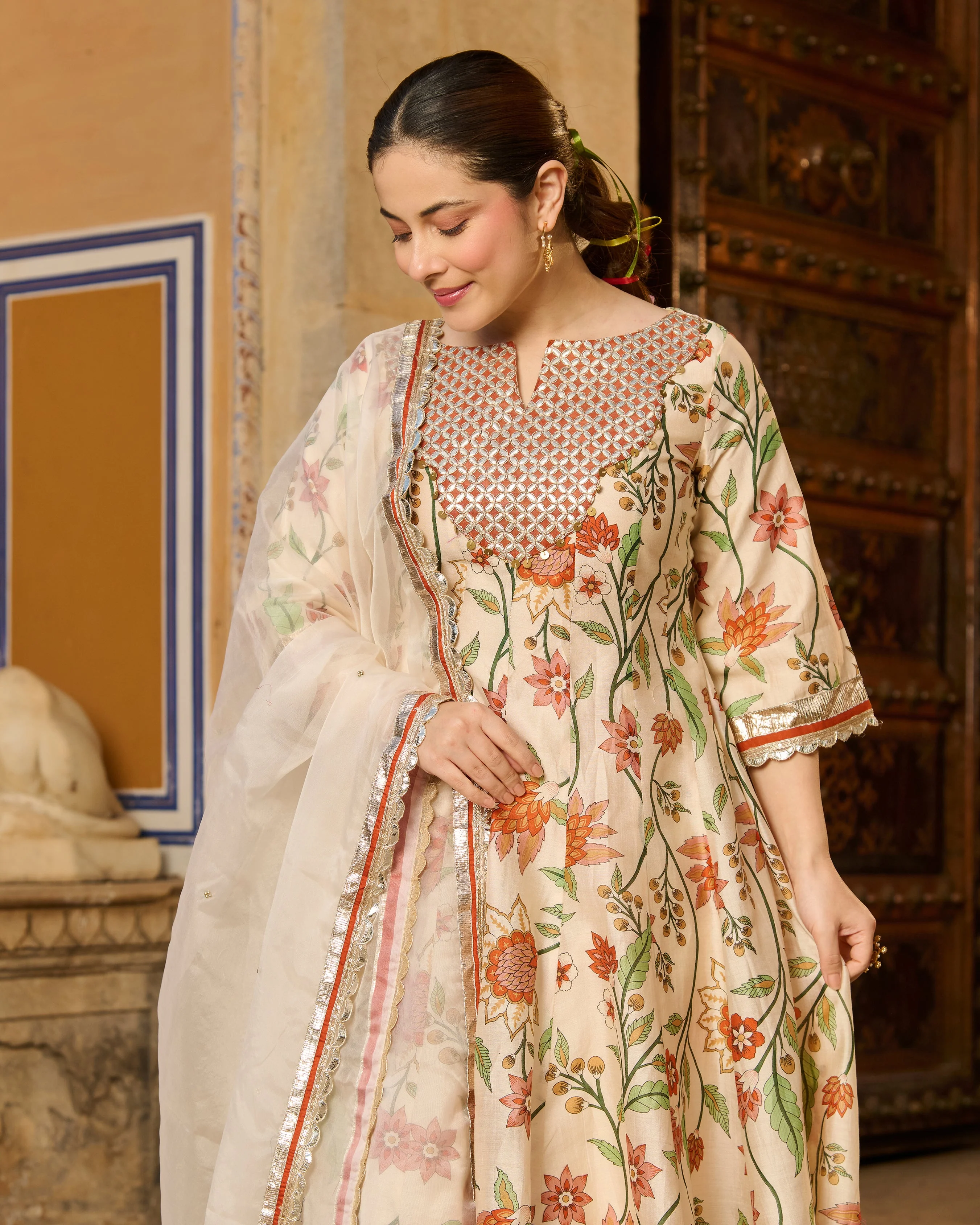 Kora Cream Printed Chanderi Suit Set - Image 3