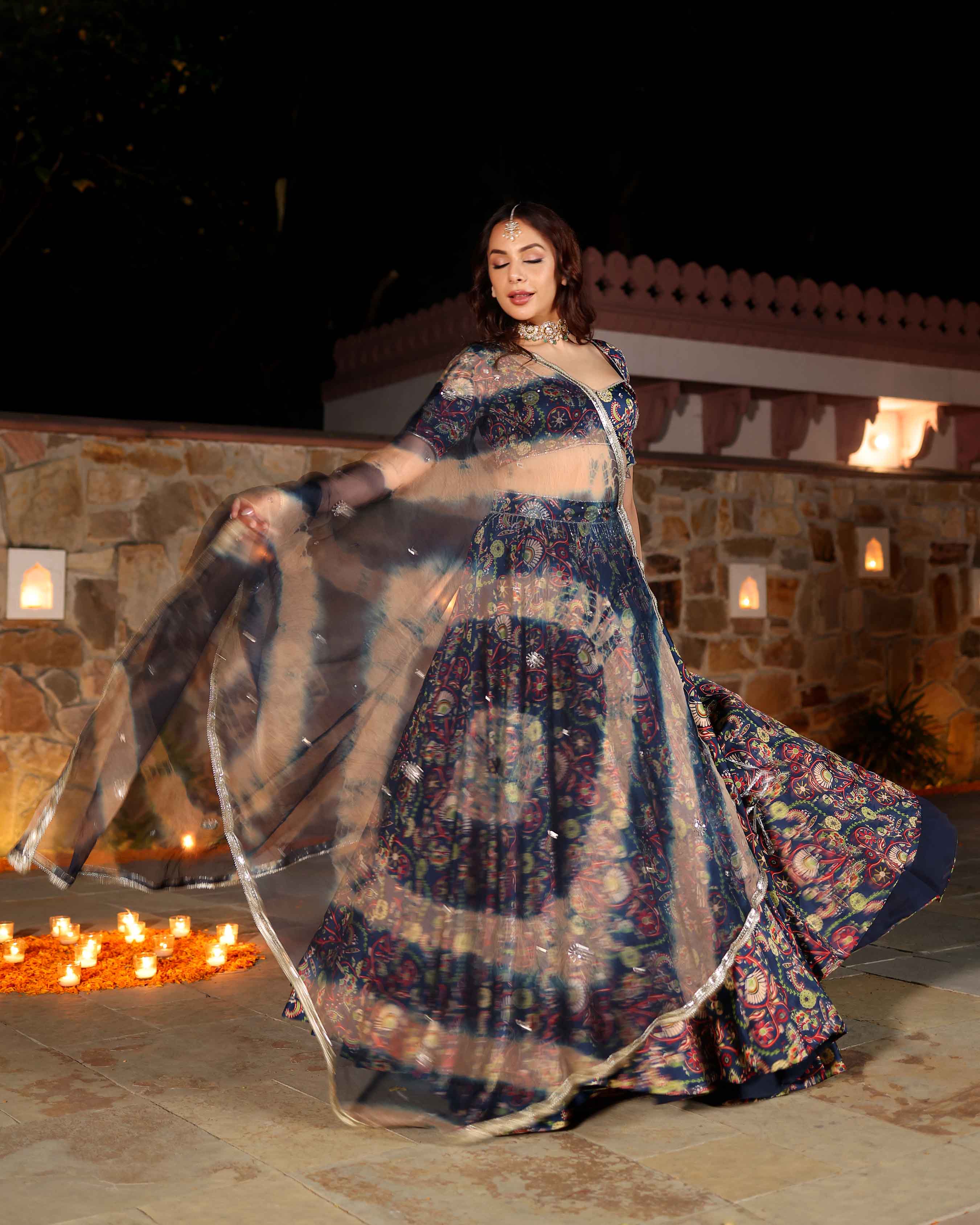 Laaya Blue Printed Hand Embroidered Satin Lehenga Set - Image 3