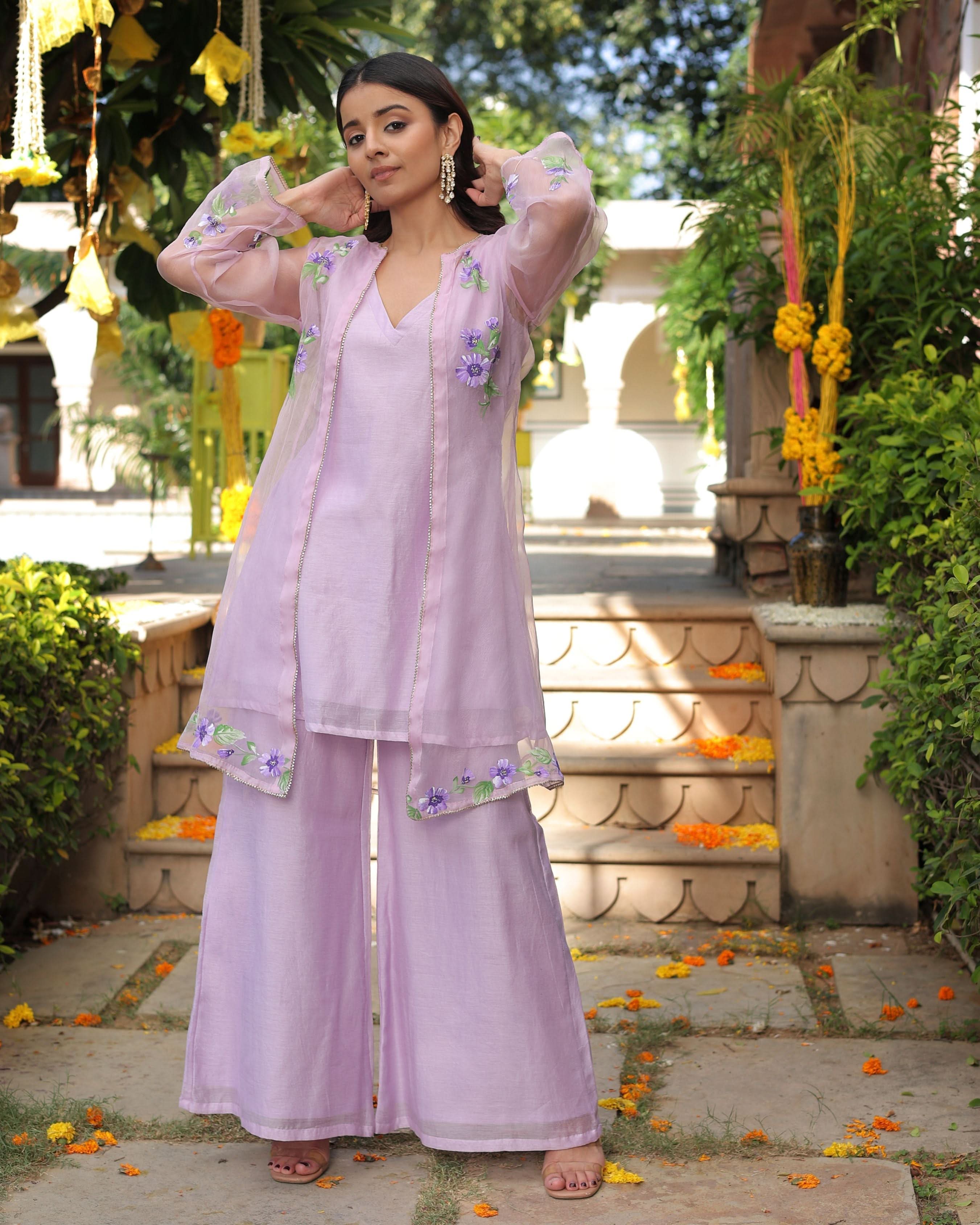 Lilac Daisy Delight Handpainted Chanderi Coord Set - Image 3