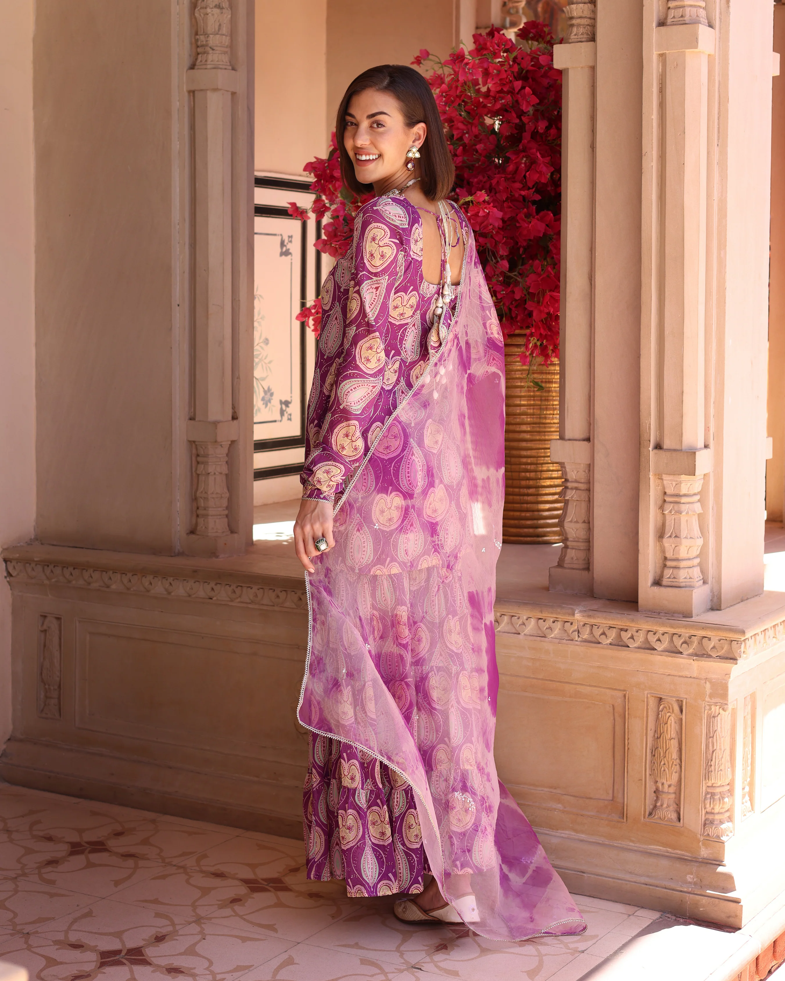 Lilac Floral Fantasy Printed Chinon Sharara Set - Image 5