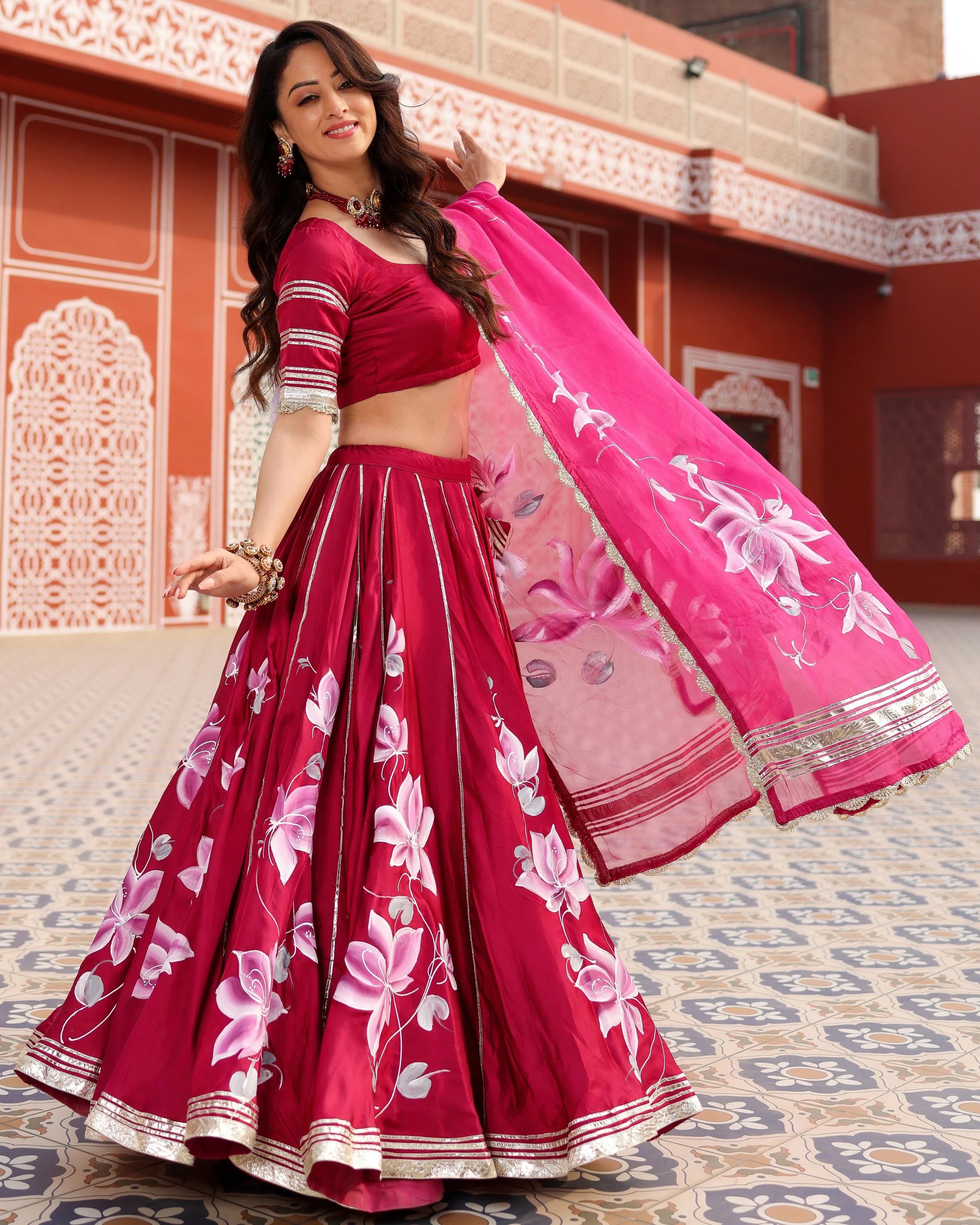 Magenta Pink Handpainted Lehenga Set - Image 4