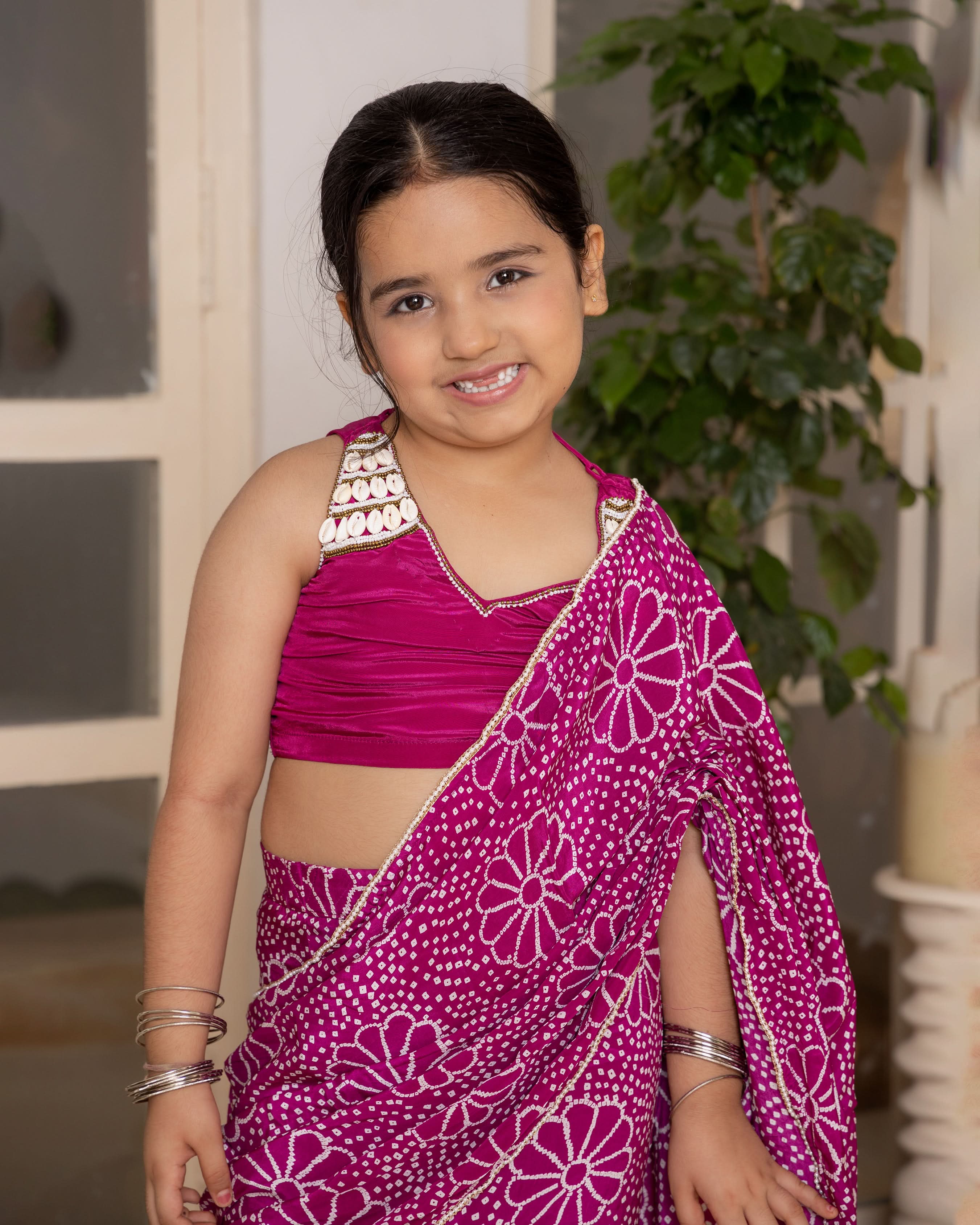 Mahi Purple Bandhani Crepe Pre Draped Saree - Image 7