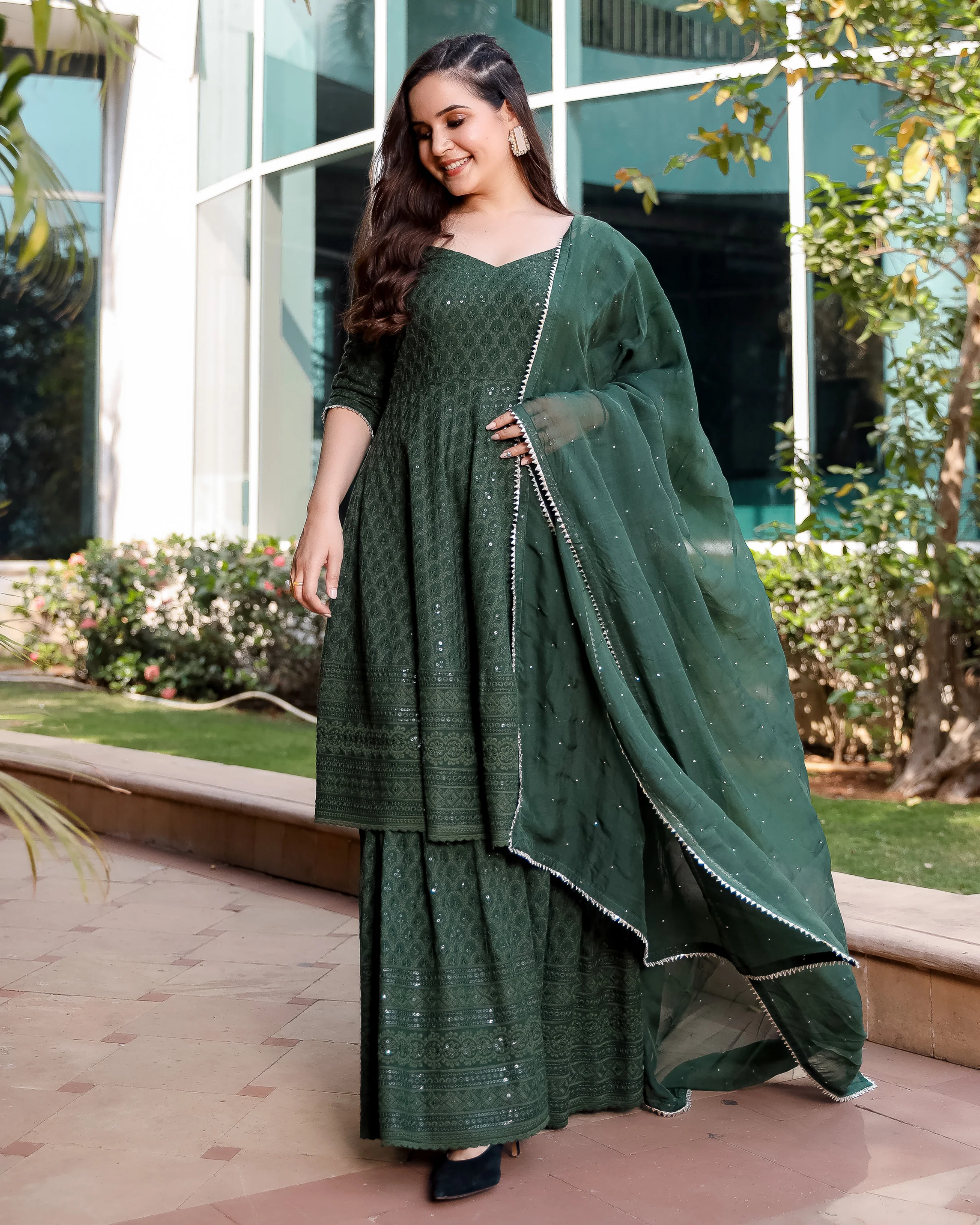 Majestic Green Chikankari Sharara Set - Image 4