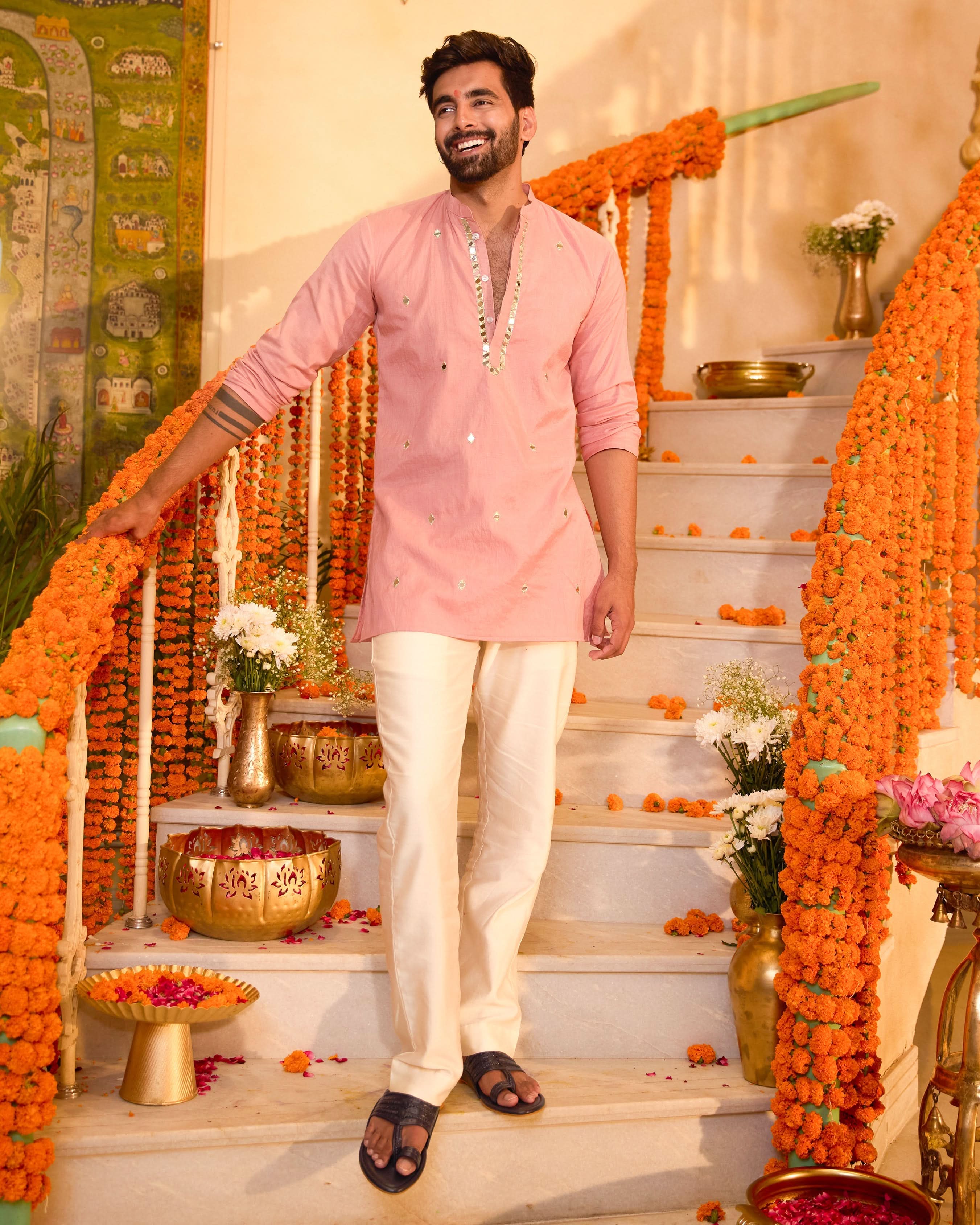 Manthan Peach Embroidered Chanderi Kurta - Image 3