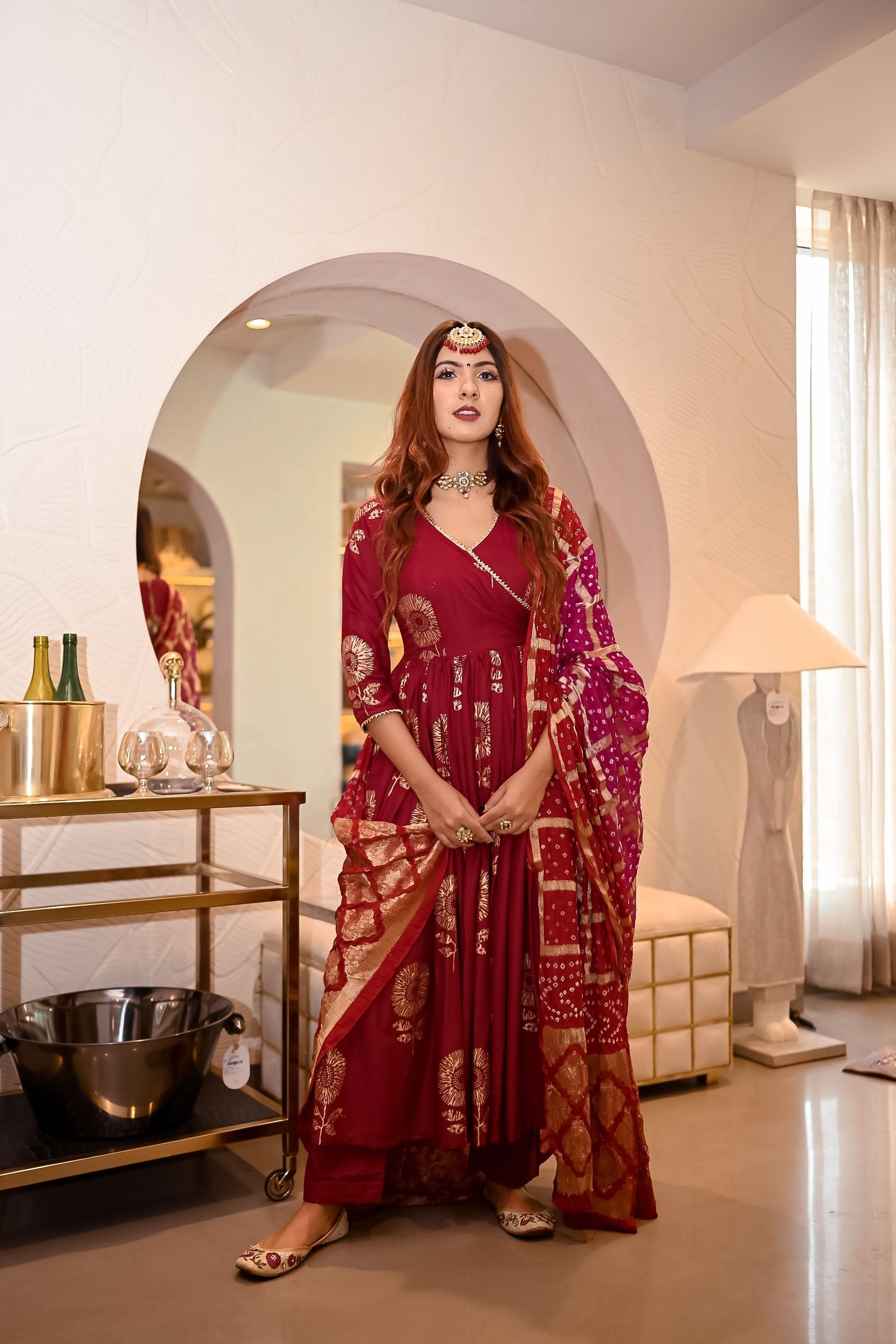 Maroon Angrakha Bandhej Suit Set - Image 3