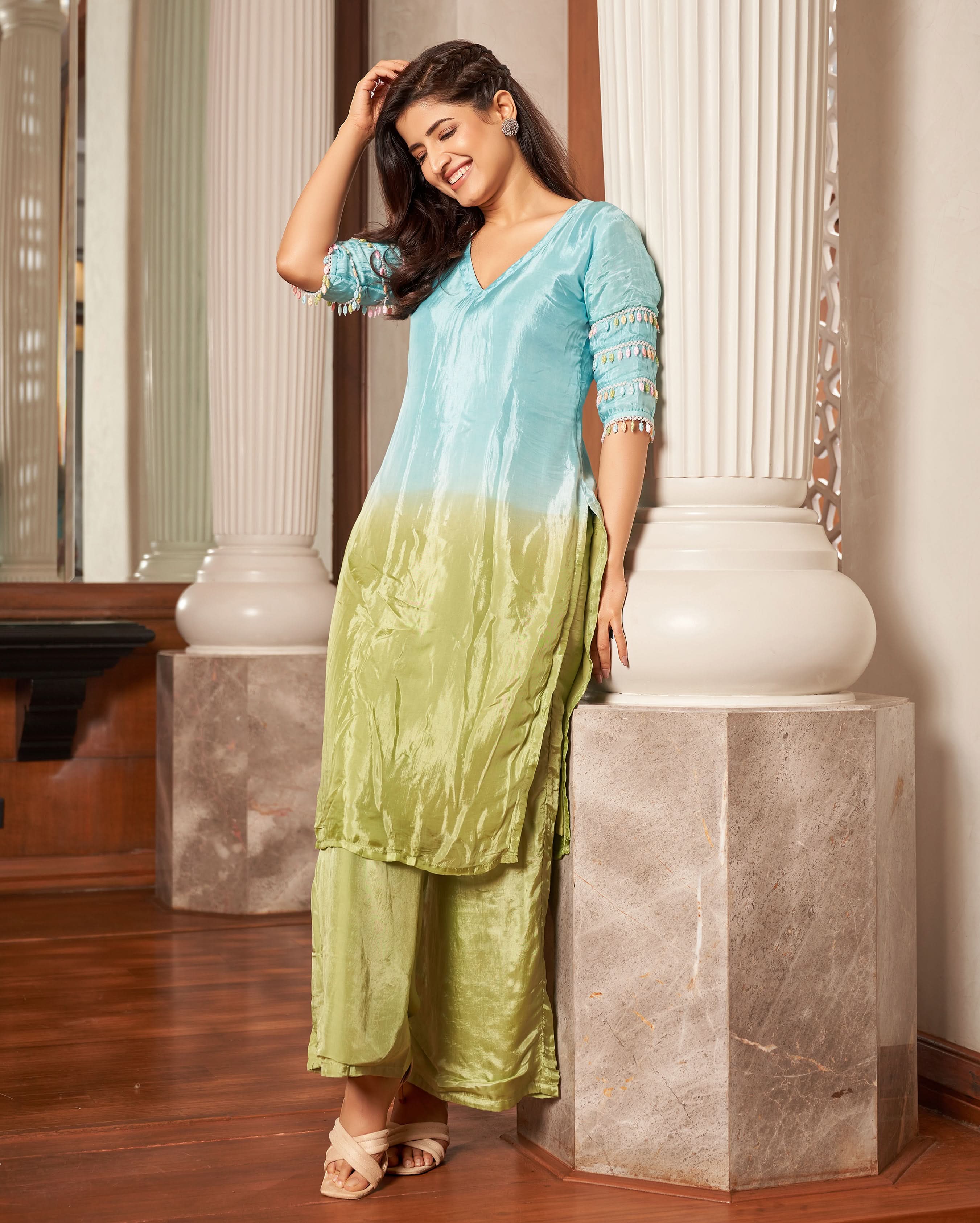 Matsya Blue Green Ombre Silk Kurta Set - Image 2
