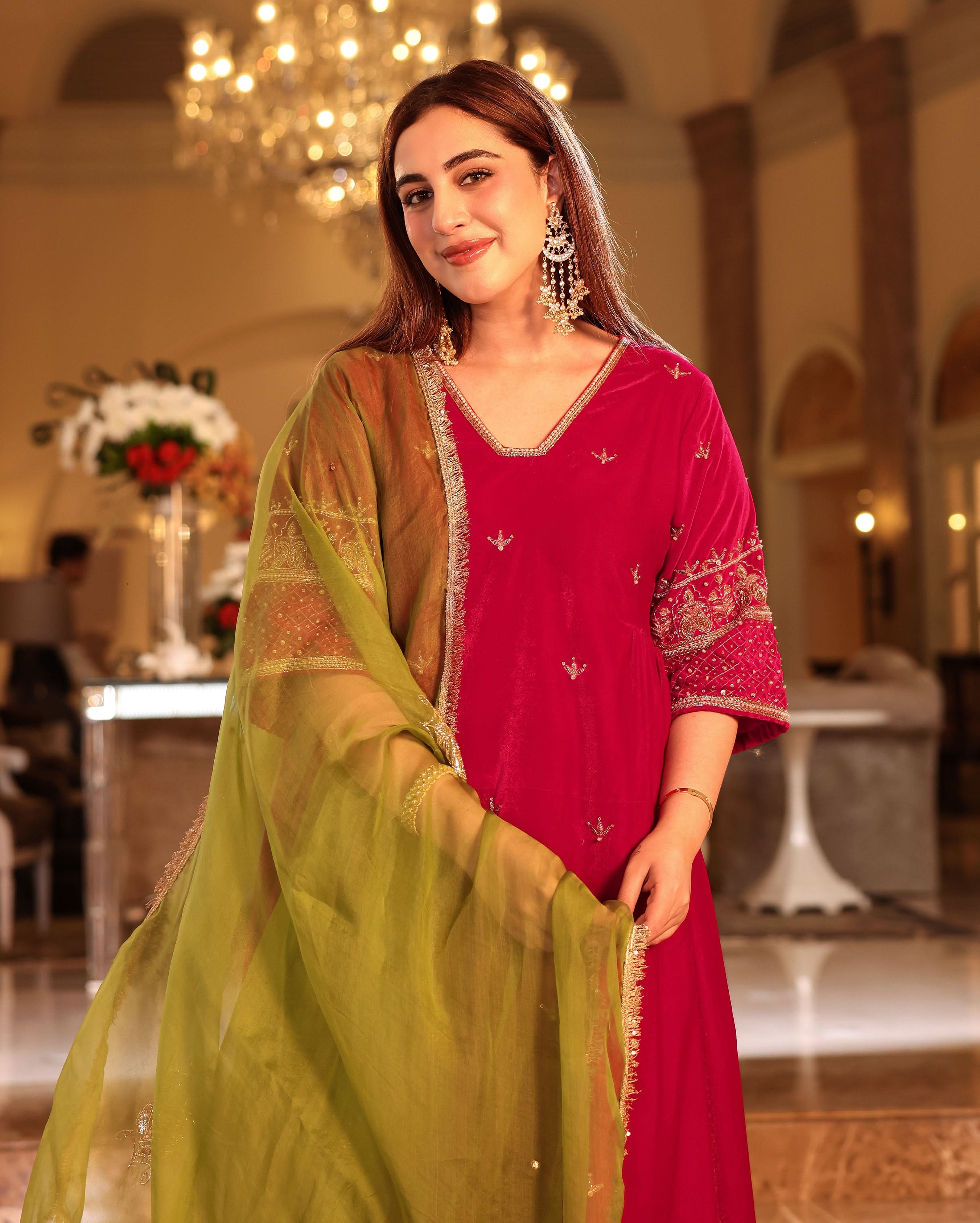 Mazrat Pink Embroidered Velvet Suit Set - Image 2