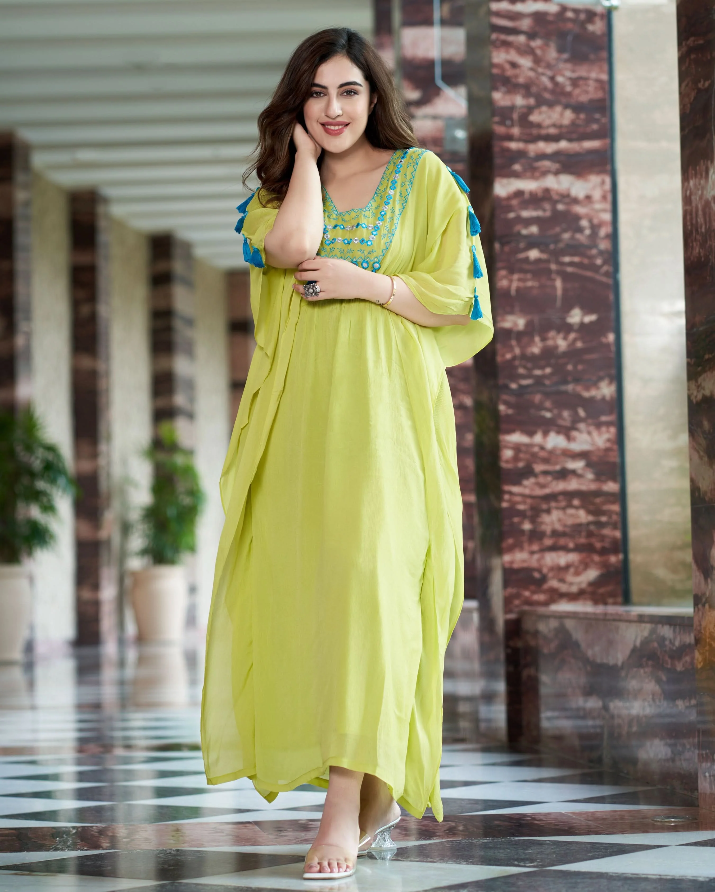 Meera Neon Green Embroidered Chinon Kaftan - Image 2