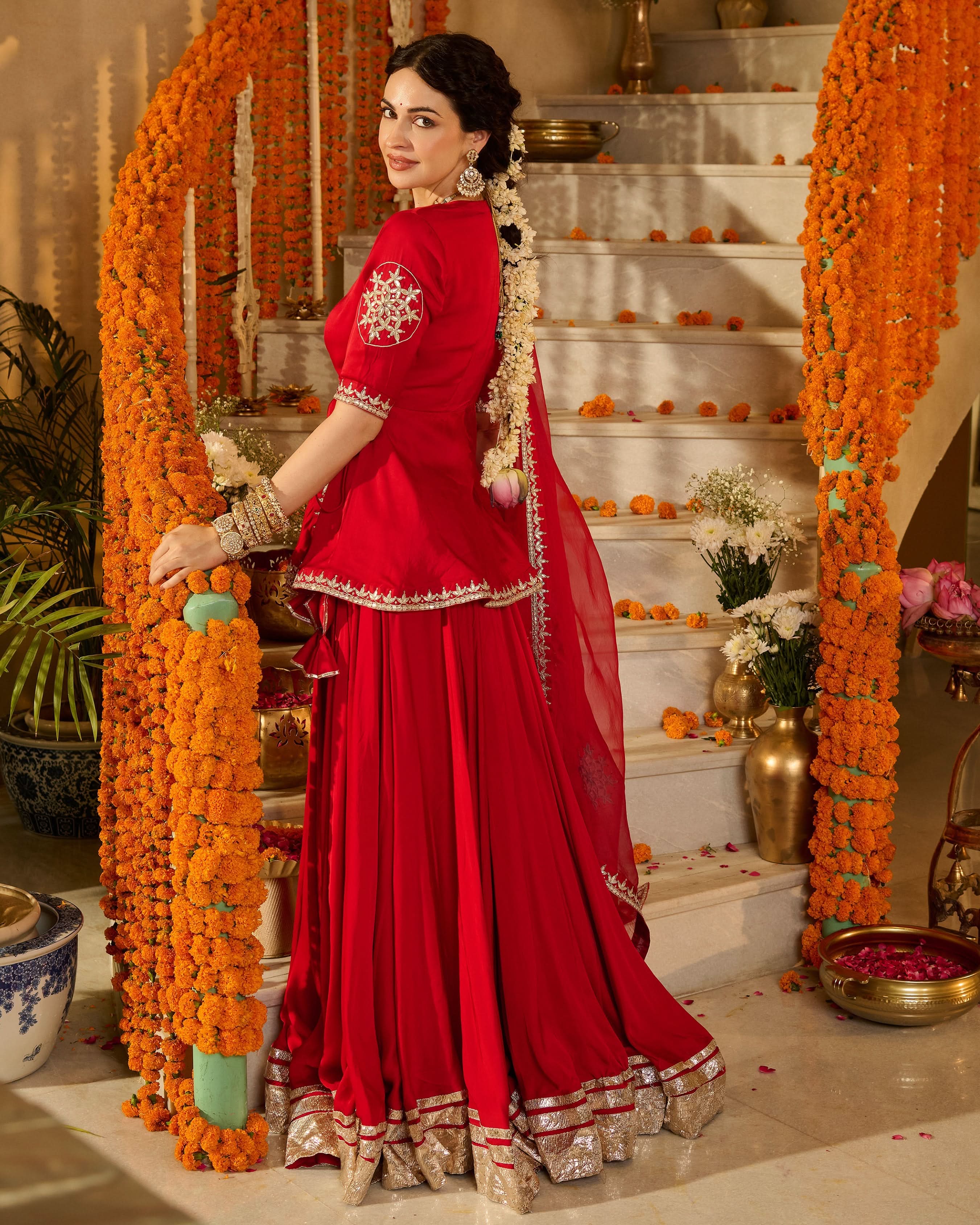 Mehka Red Solid Satin Lehenga Set - Image 8