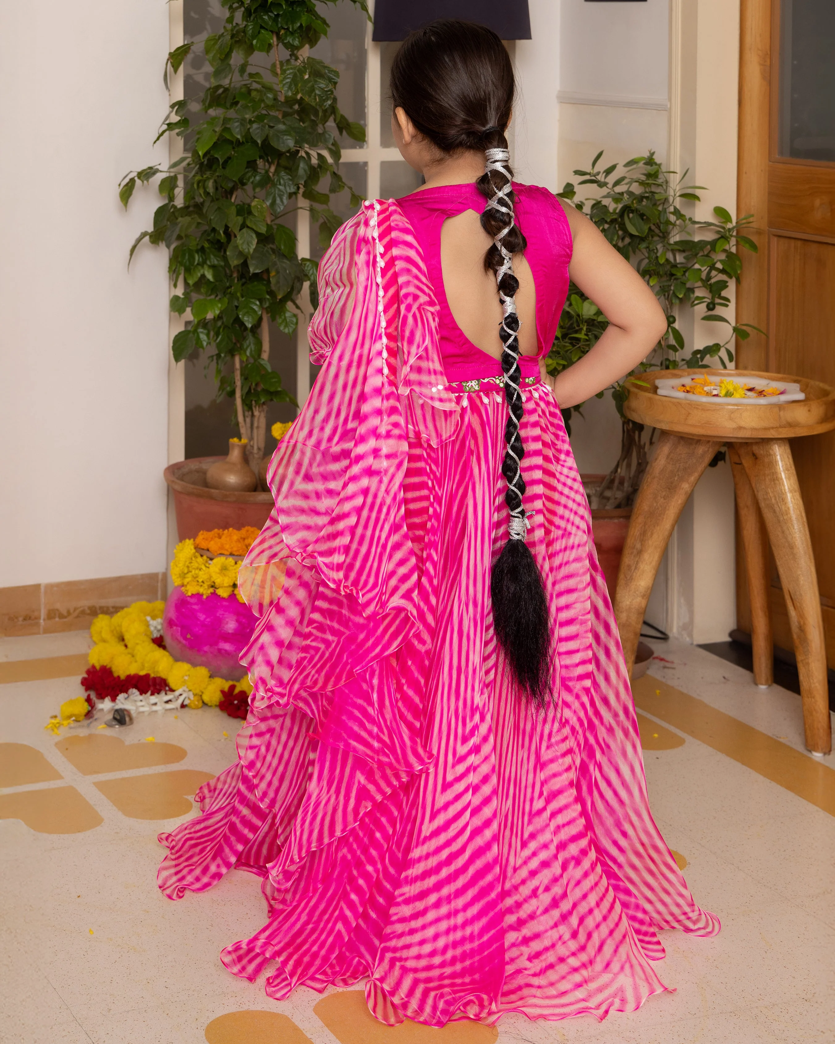 Mishti Pink Leheriya Organza Lehenga Set - Image 7