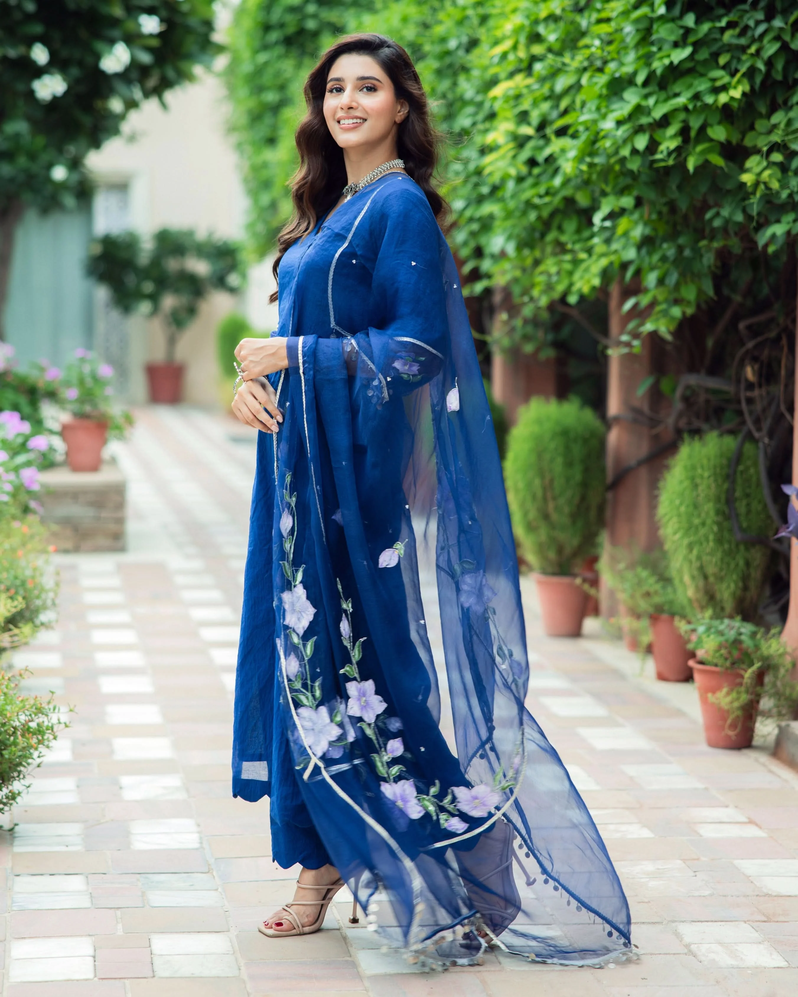 Molshree Blue Handpainted Chanderi Suit Set - Image 2