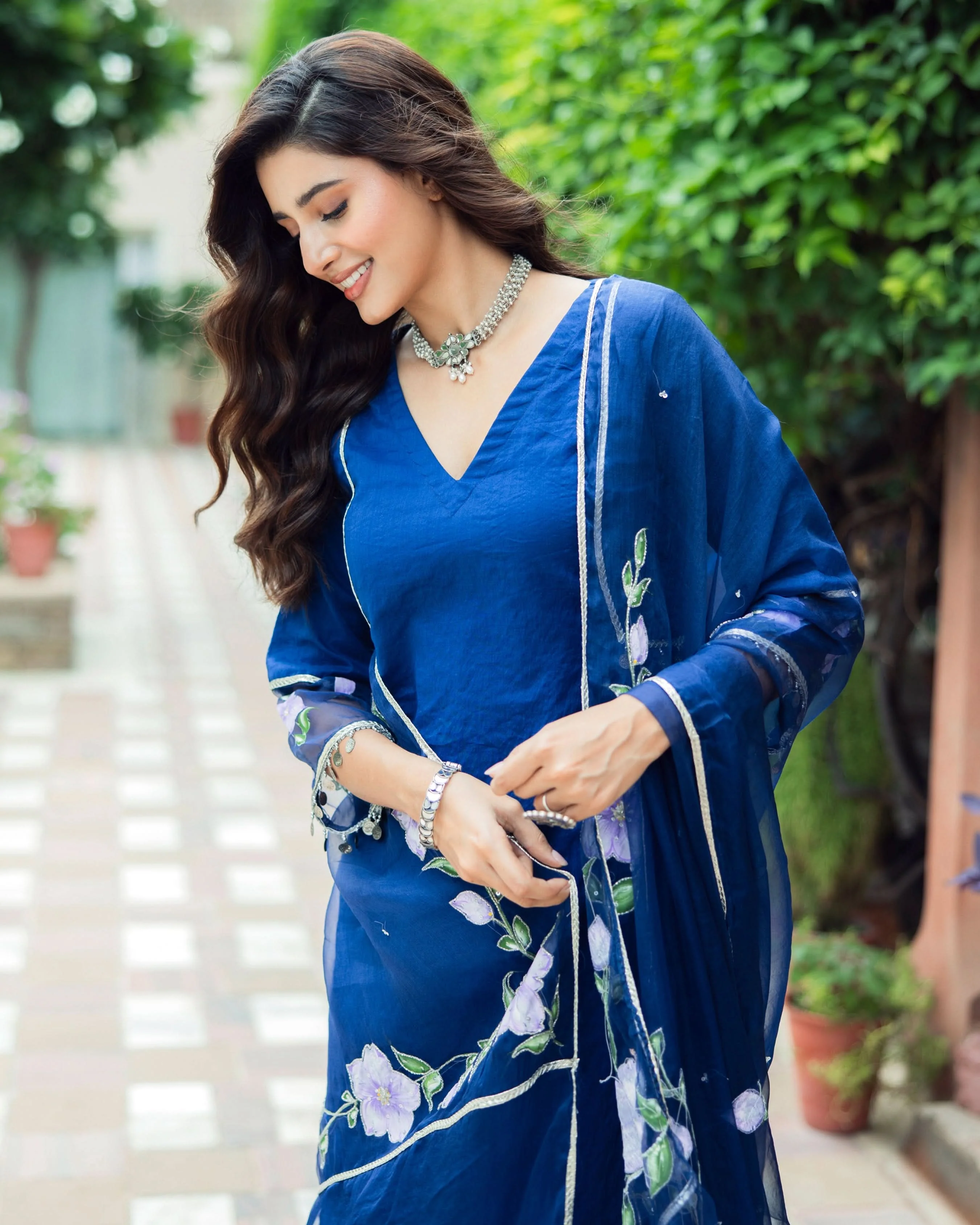Molshree Blue Handpainted Chanderi Suit Set - Image 7