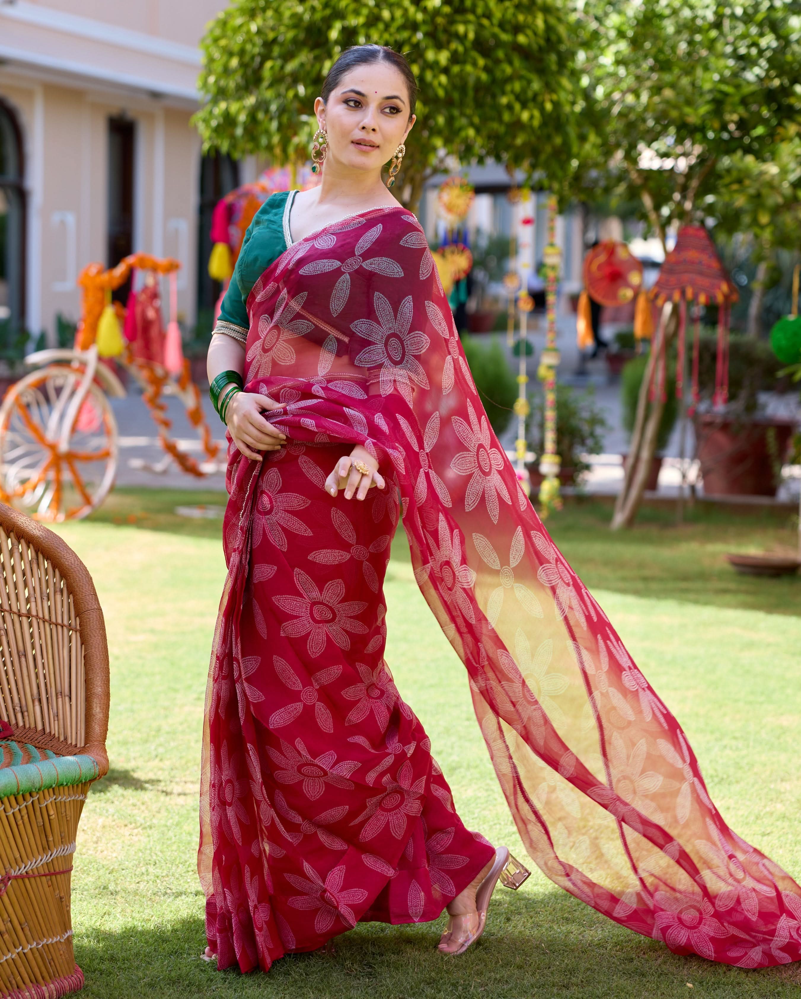 Mugdha Pink Bandhani Organza Saree - Image 3