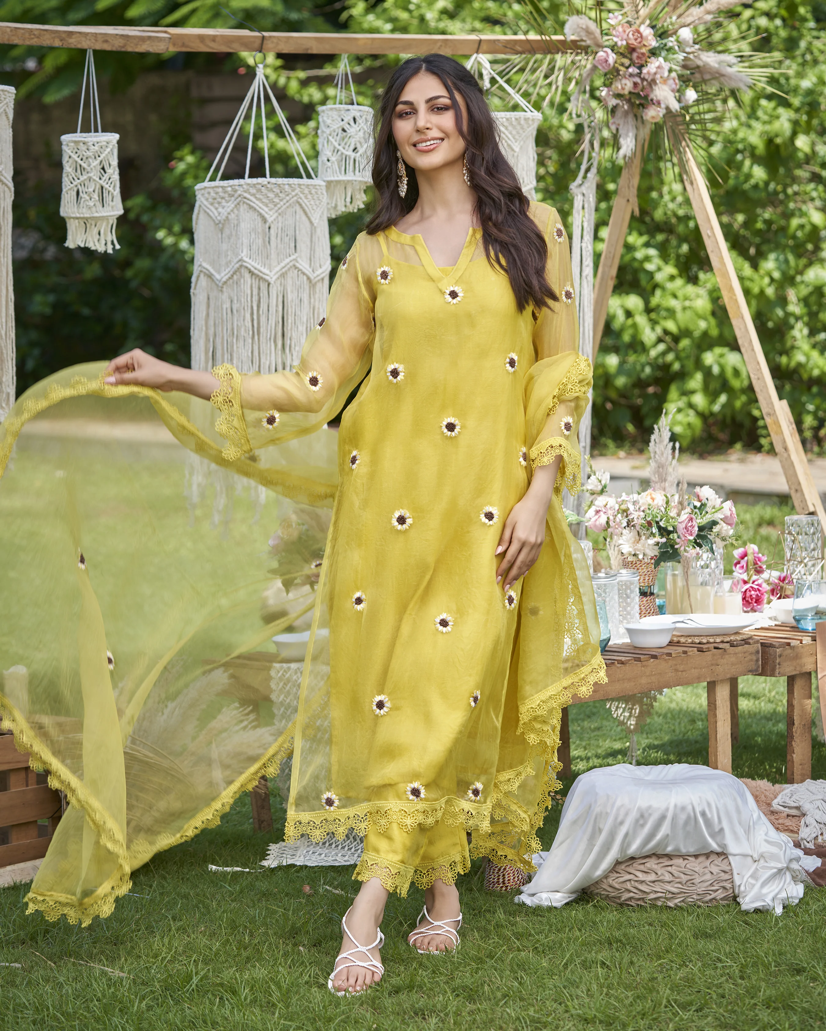 Murat Yellow Embroidered Organza Kurta Set - Image 2