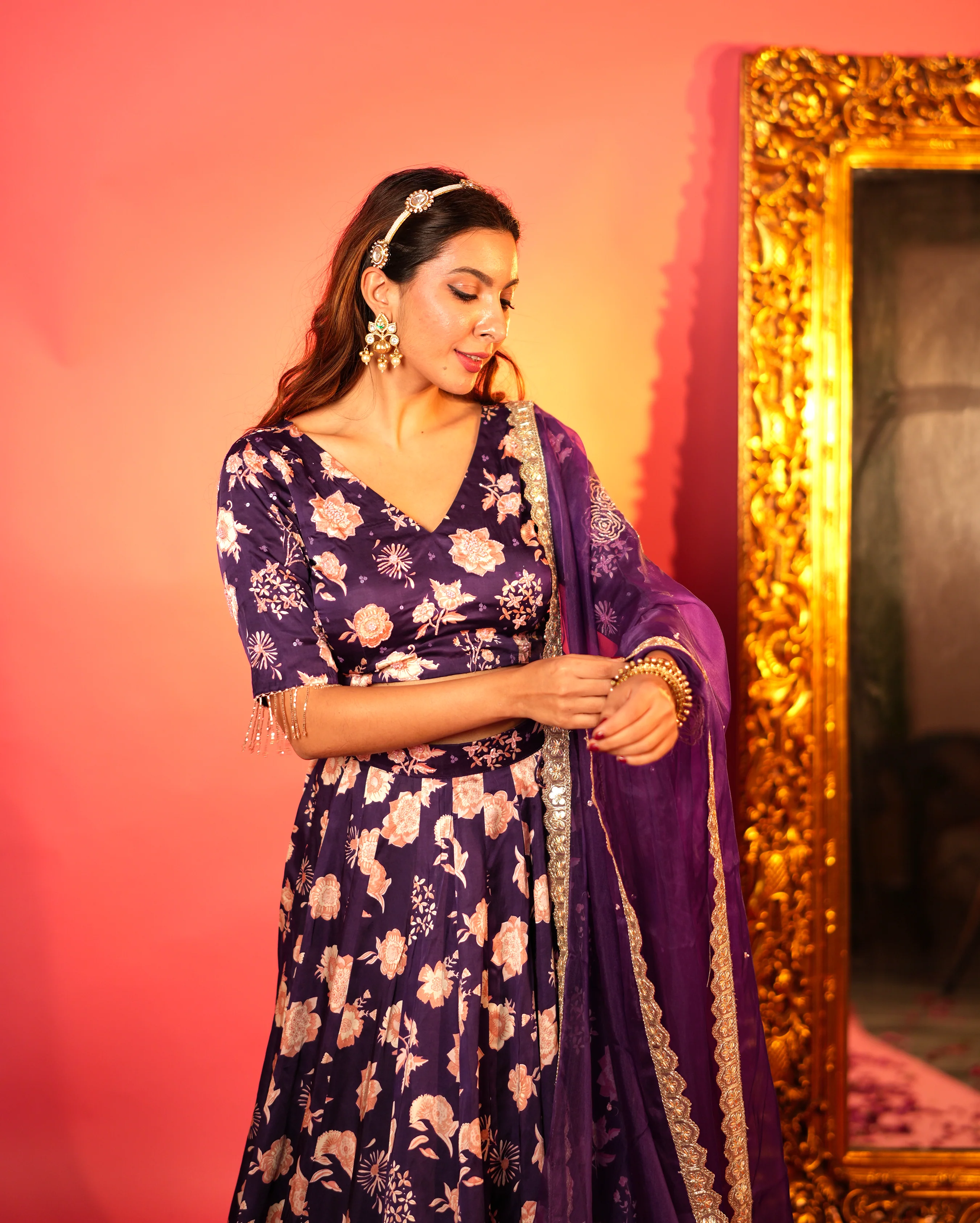 Nandani Purple Printed Satin Lehenga Set - Image 2