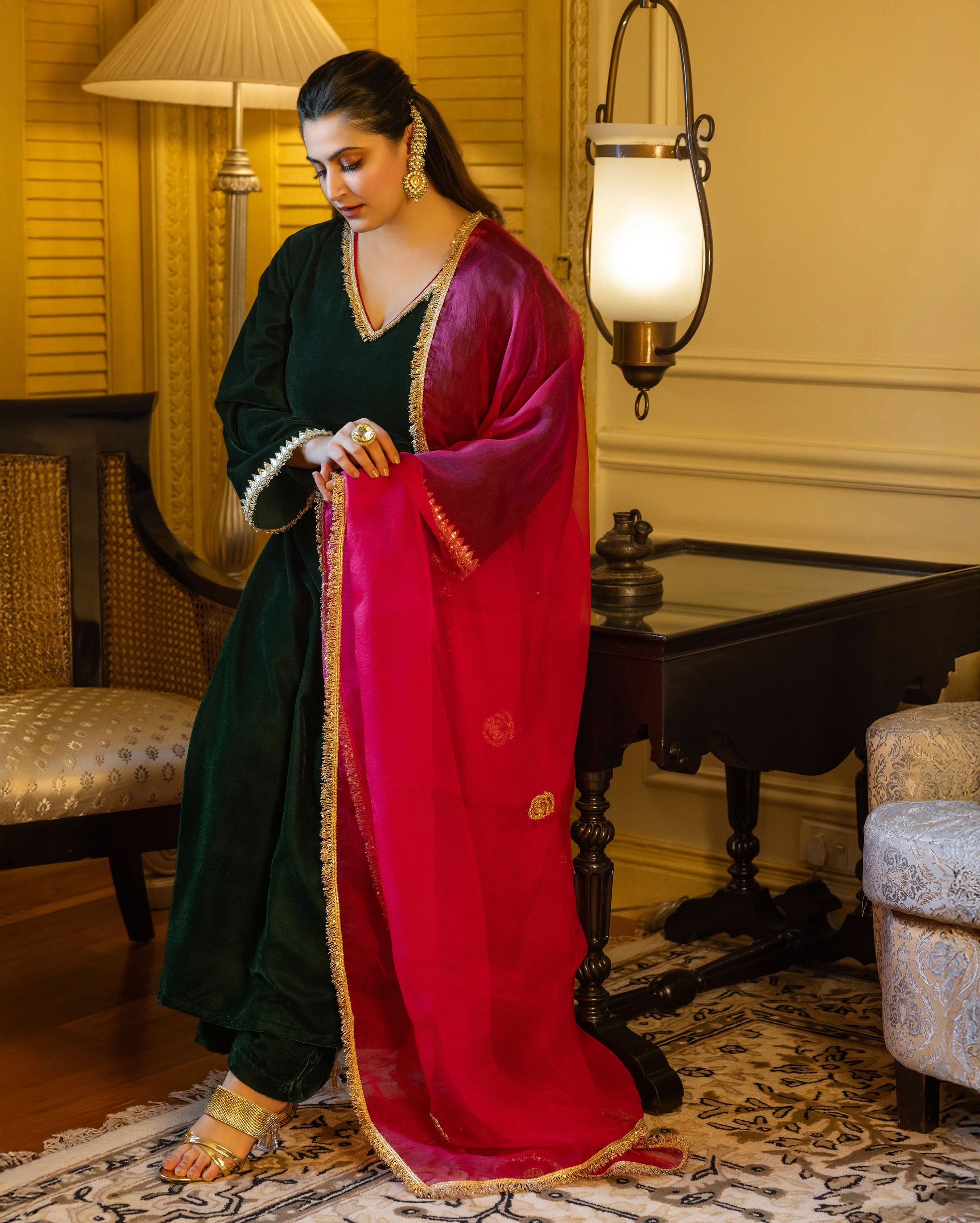 Nargis Green Solid Velvet Suit Set - Image 2
