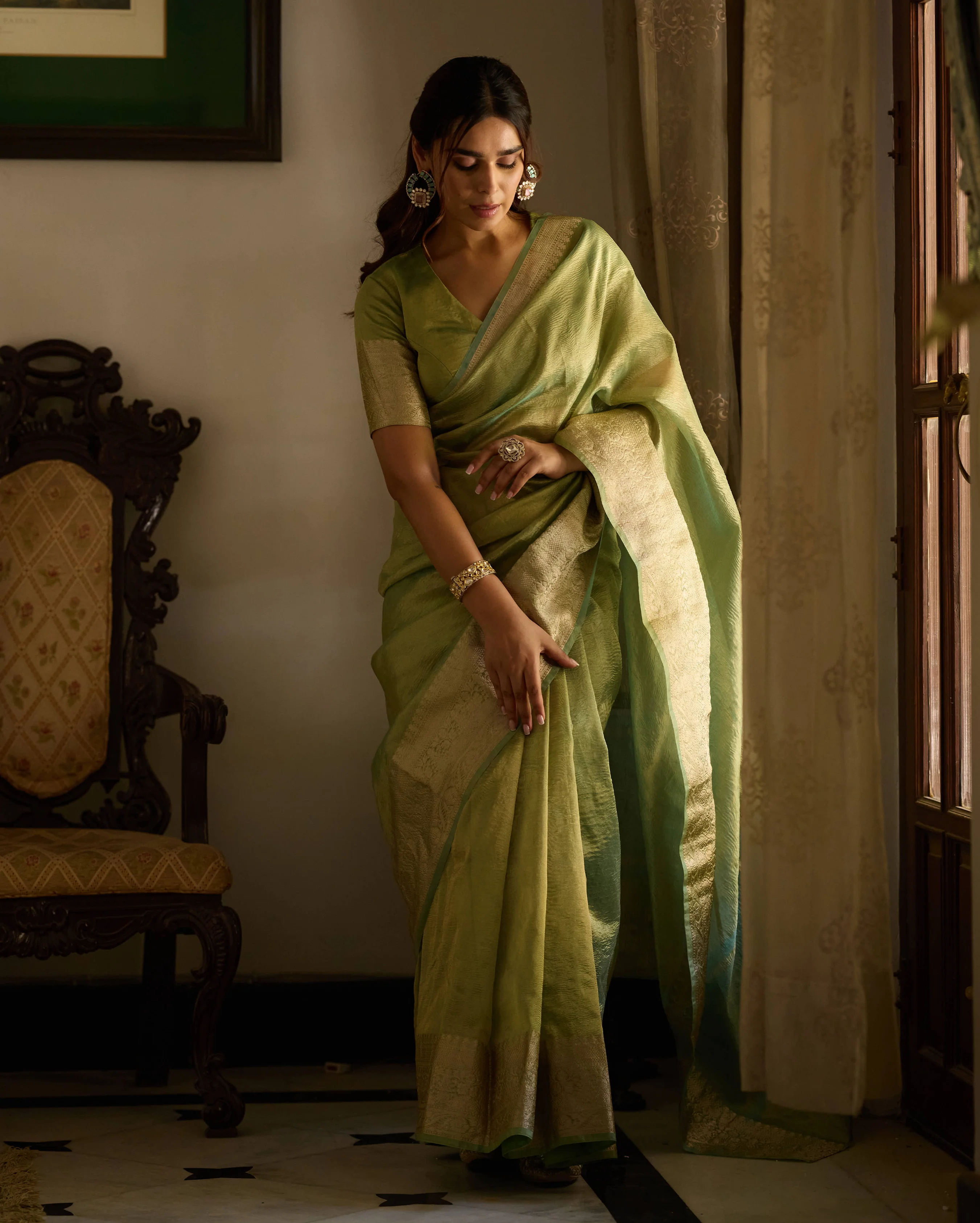 Nazara Green Solid Crushed Tissue Saree - Image 2